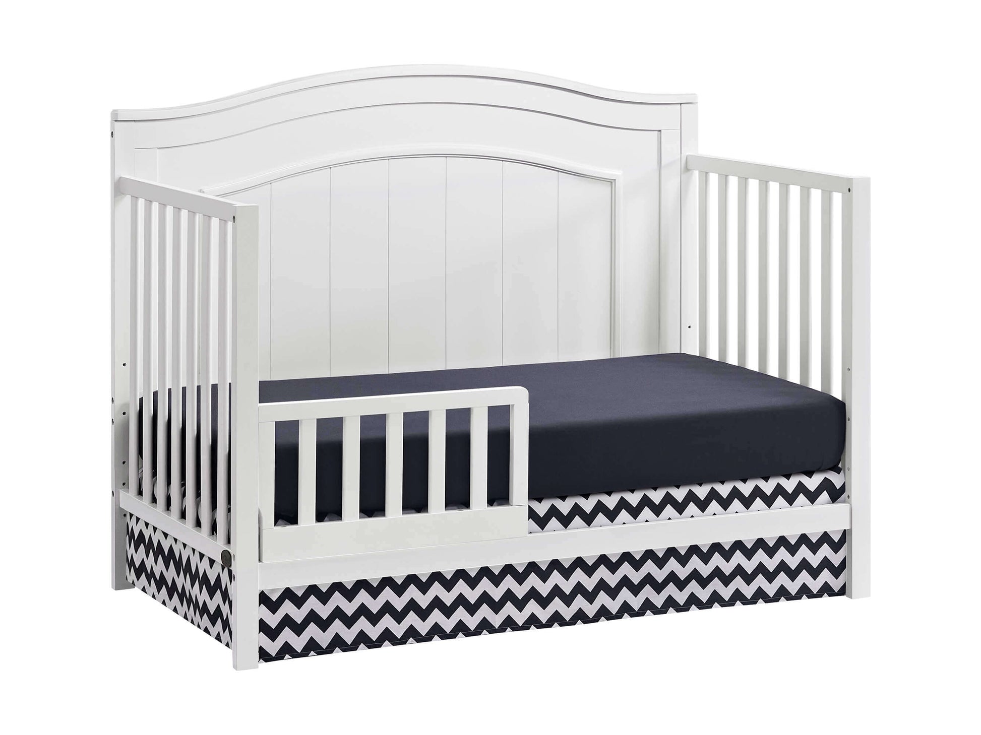 Nolan 4 in 1 Convertible Crib - Inclined Side View of Nolan 4 in 1 Convertible Crib Snow White with Guard Rail
