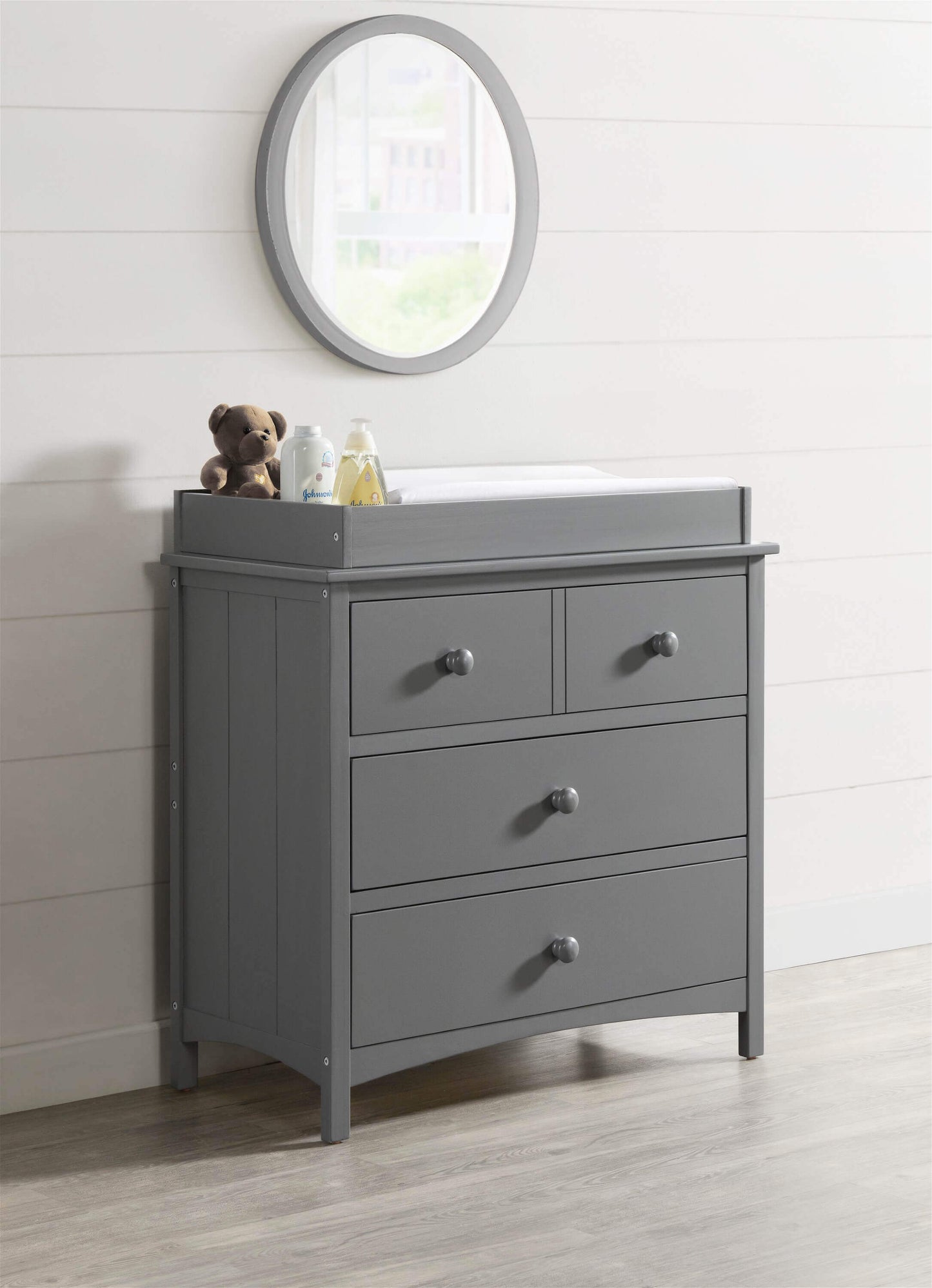 Universal 3-Drawer Dresser- RTA - Lifestyle Image Inclined Side View of Universal 3-Drawer Dresser Dove Gray