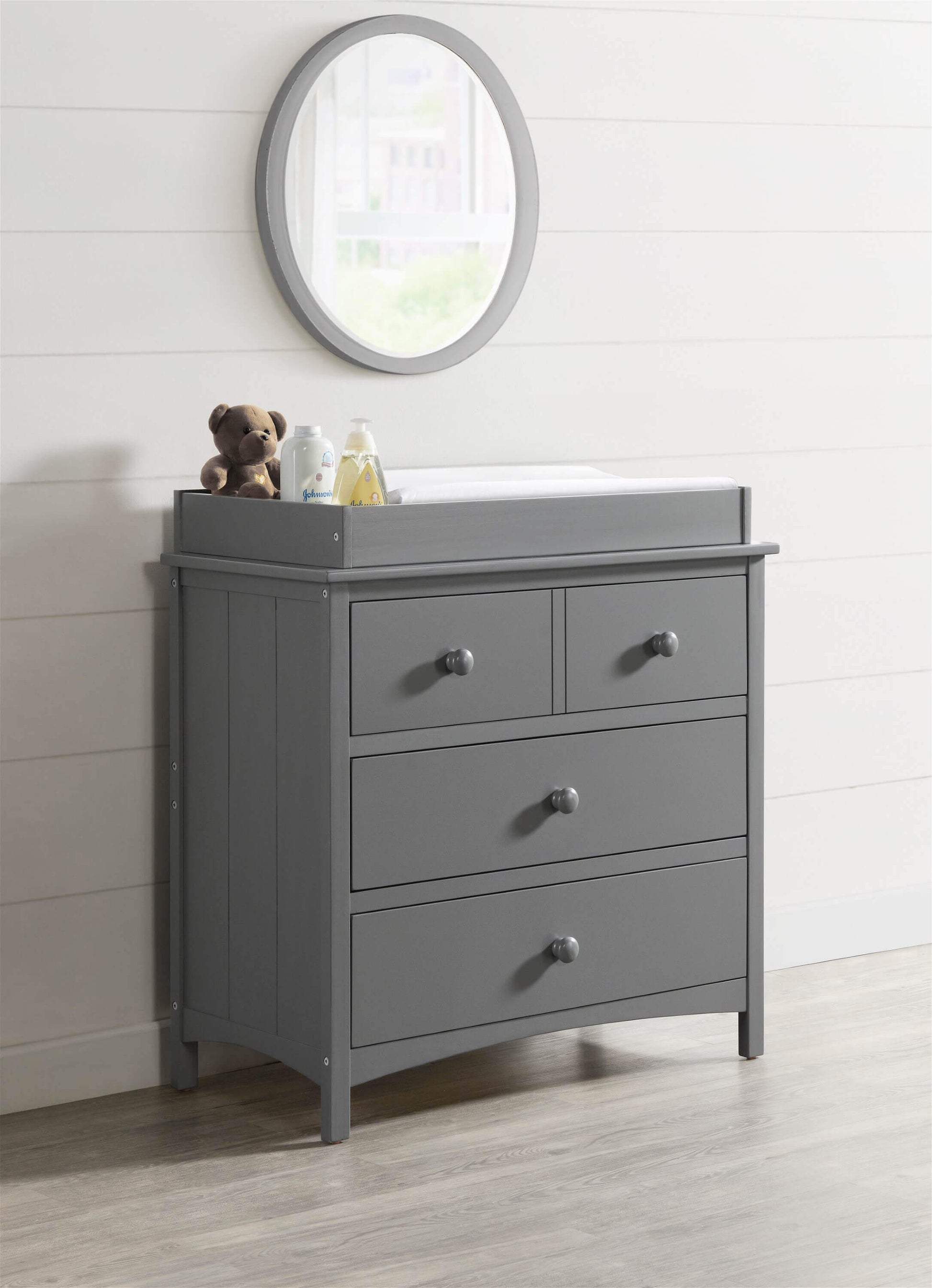 Universal 3-Drawer Dresser- RTA - Lifestyle Image Inclined Side View of Universal 3-Drawer Dresser Dove Gray