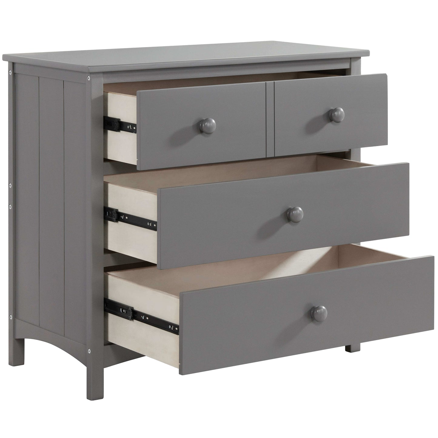 Universal 3-Drawer Dresser- RTA - Inclined Side View of Open Drawer Universal 3-Drawer Dresser Dove Gray