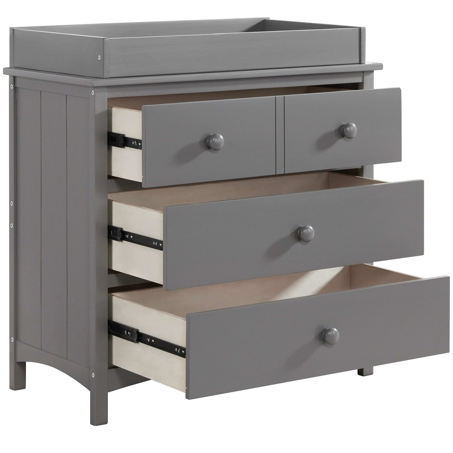 Universal 3-Drawer Dresser- RTA - Inclined Side View of Open Drawer Universal 3-Drawer Dresser Dove Graywith Changing Topper