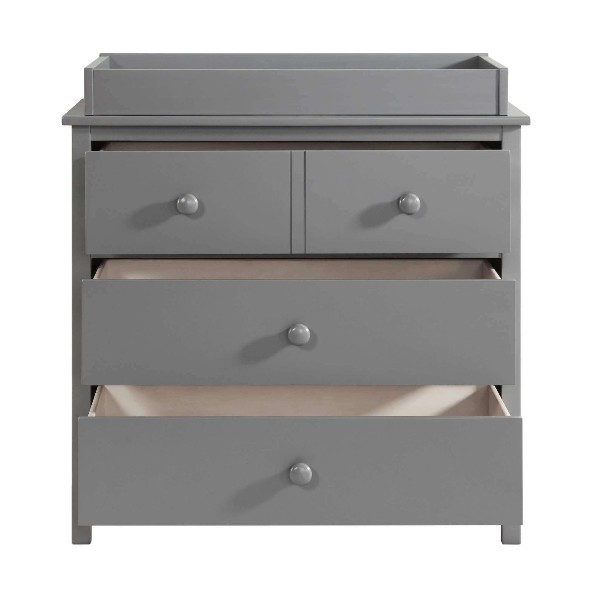Universal 3-Drawer Dresser- RTA - Front View of Open Drawer Universal 3-Drawer Dresser Dove Gray with Changing Topper