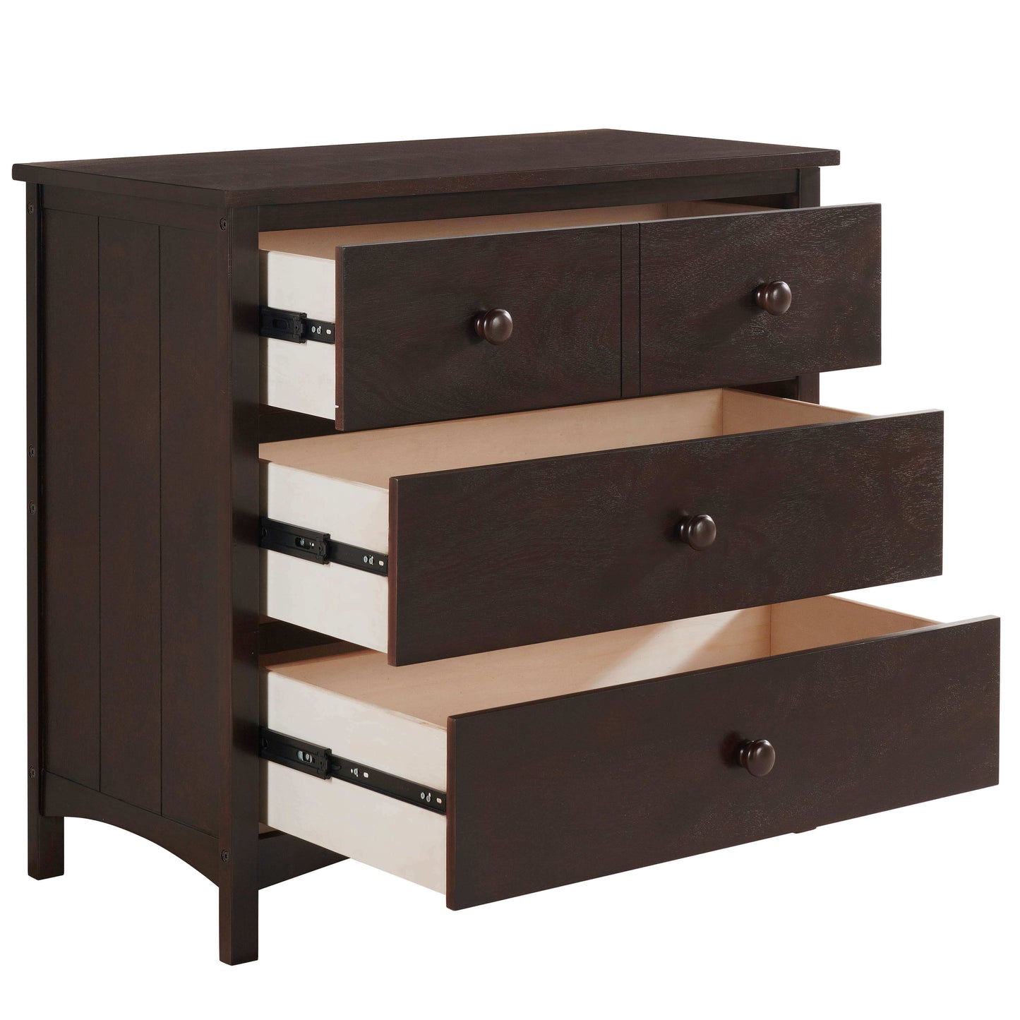 Universal 3-Drawer Dresser- RTA - Inclined Side View of Open Drawer Universal 3-Drawer Dresser Espresso