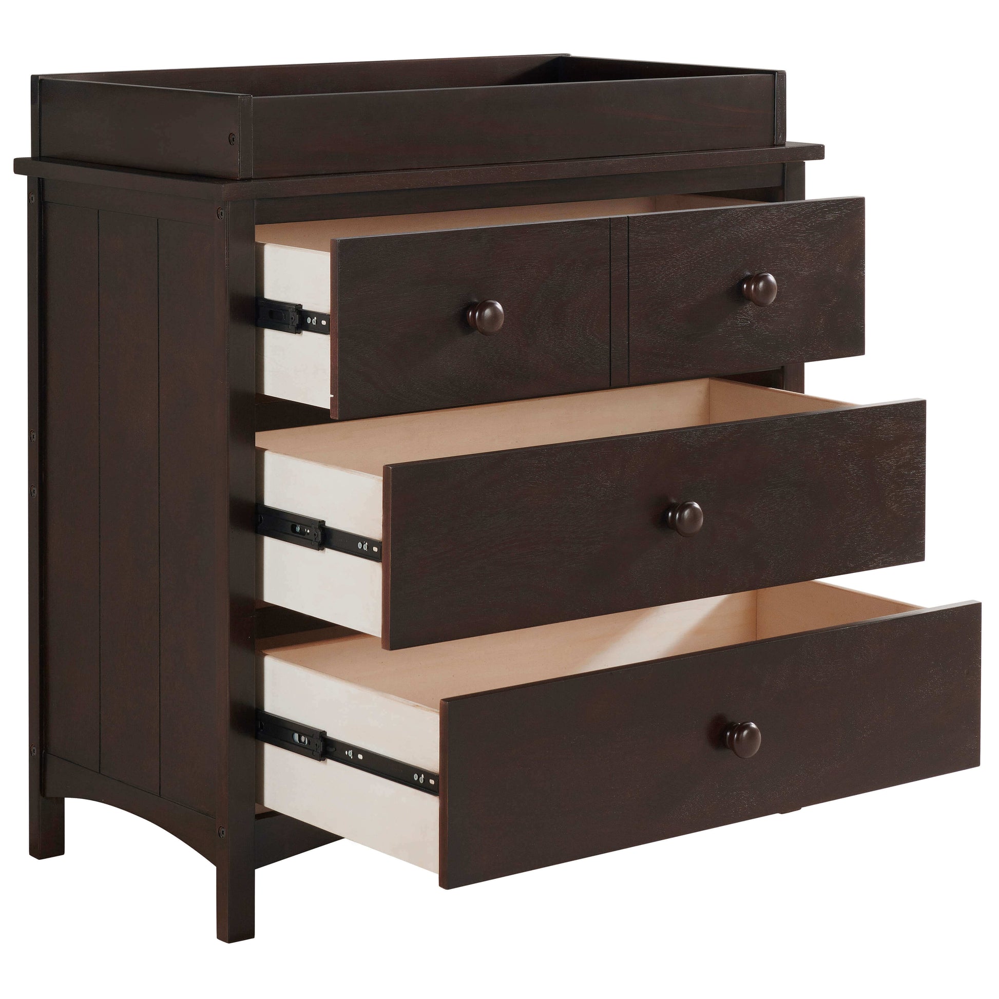 Universal 3-Drawer Dresser- RTA - Inclined Side View of Open Drawer Universal 3-Drawer Dresser Espresso with Changing Topper