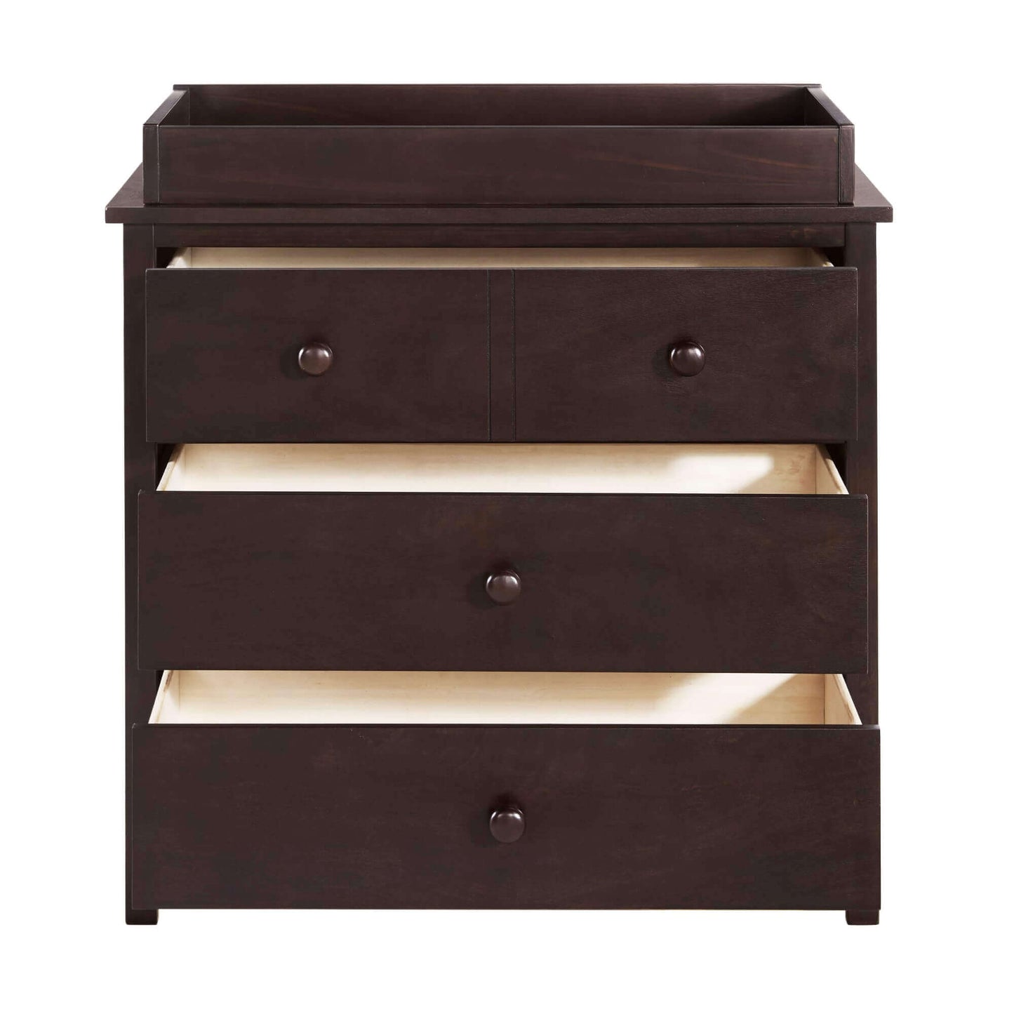 Universal 3-Drawer Dresser- RTA - Front View of Open Drawer Universal 3-Drawer Dresser Espresso with Changing Topper