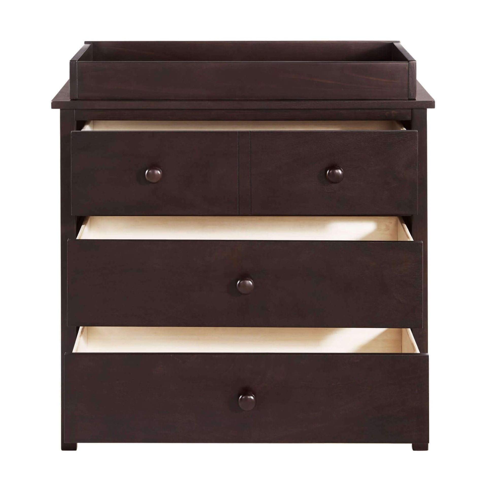 Universal 3-Drawer Dresser- RTA - Front View of Open Drawer Universal 3-Drawer Dresser Espresso with Changing Topper