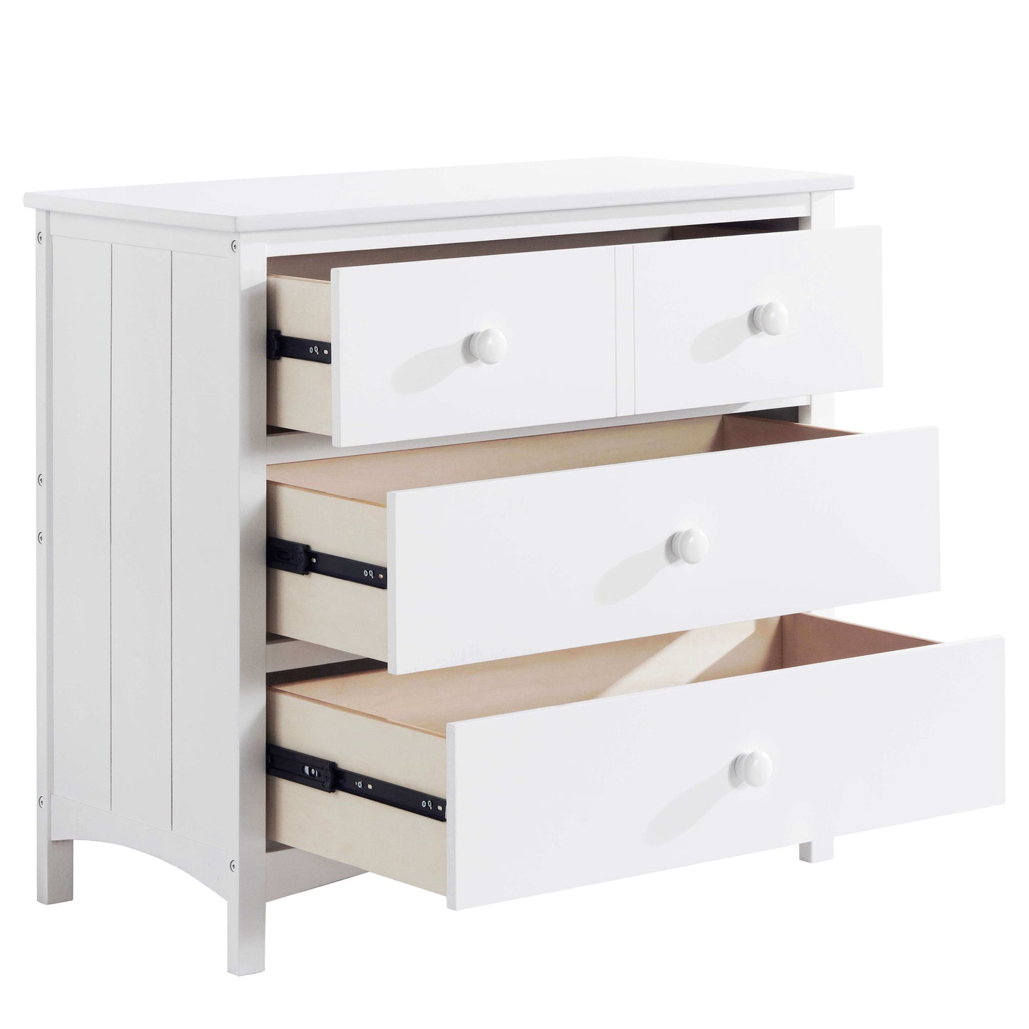 Universal 3-Drawer Dresser- RTA - Inclined Side View of Open Drawer Universal 3-Drawer Dresser Snow White