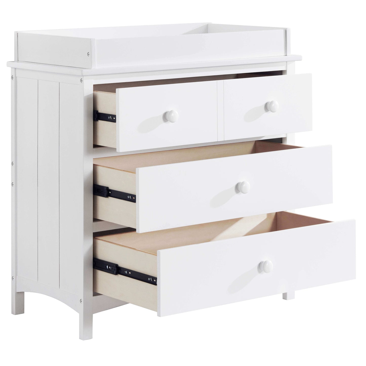 Universal 3-Drawer Dresser- RTA - Inclined Side View of Open Drawer Universal 3-Drawer Dresser Snow White with Changing Topper