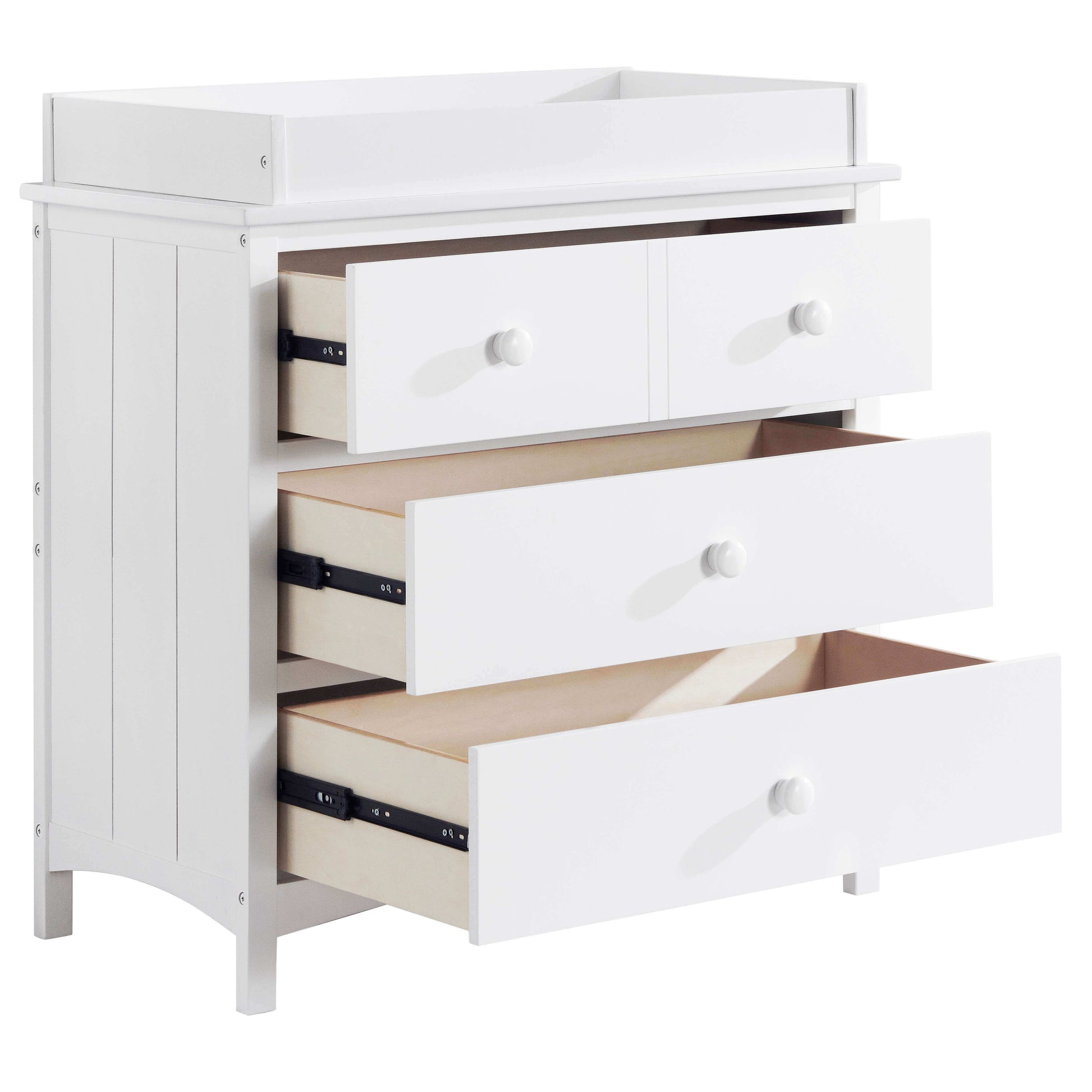 Universal 3-Drawer Dresser- RTA - Inclined Side View of Open Drawer Universal 3-Drawer Dresser Snow White with Changing Topper