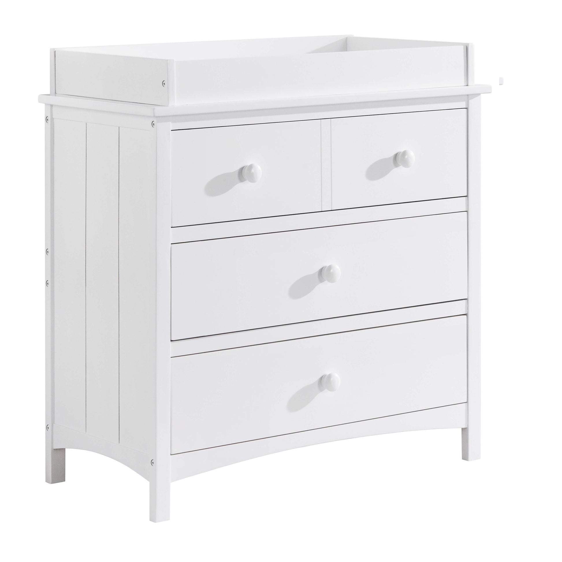 Universal 3-Drawer Dresser- RTA - Inclined Side View of Universal 3-Drawer Dresser Snow White with Changing Topper