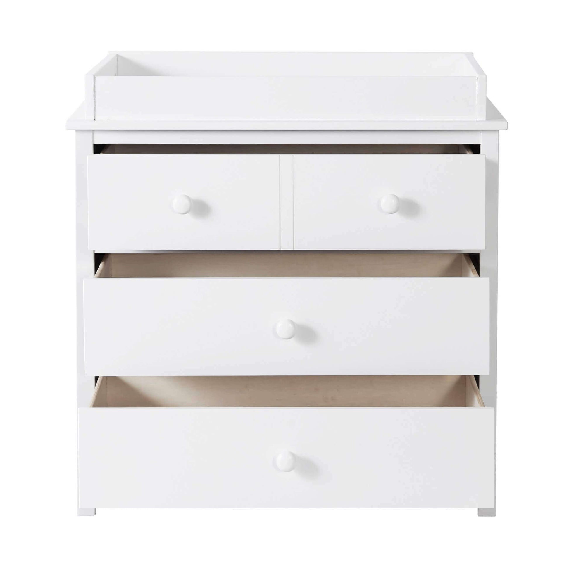 Universal 3-Drawer Dresser- RTA - Front View of Open Drawer Universal 3-Drawer Dresser Snow White with Changing Topper