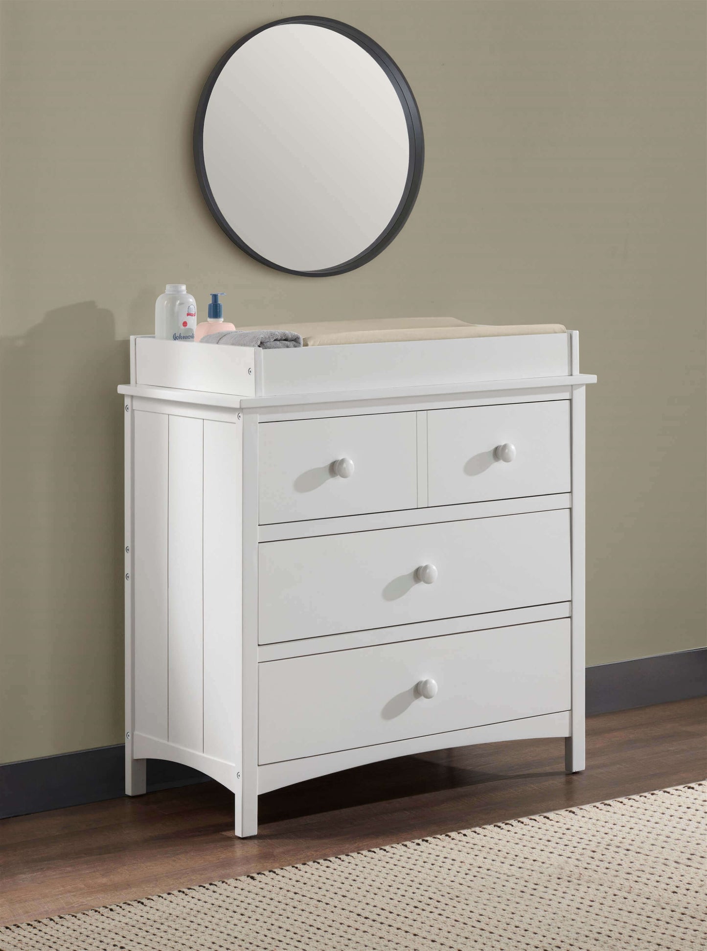 Universal 3-Drawer Dresser- RTA - Lifestyle Image Inclined Side View of Universal 3-Drawer Dresser Snow White
