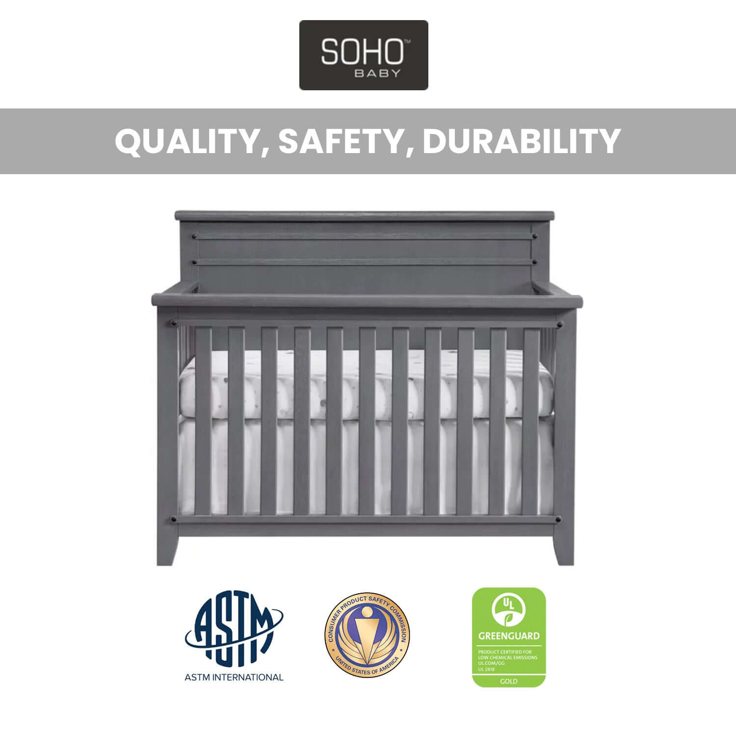 Ellison 4 In 1 Convertible Crib - Quality and Safety Image of Ellison 4 In 1 Convertible Crib Ash Gray