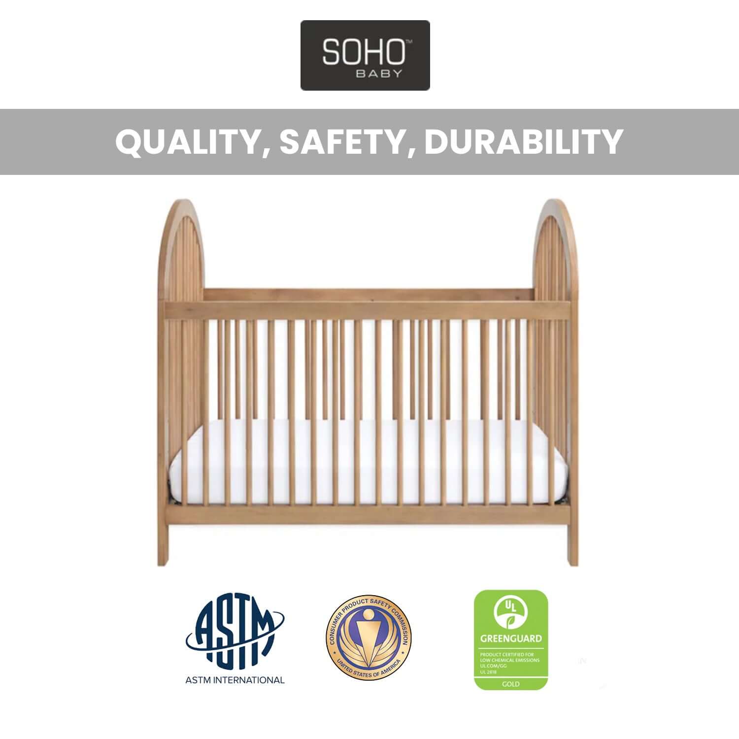 Everlee 3 in 1 Convertible Crib - Quality and Safety Image of Everlee 3 in 1 Convertible Crib Honey Wood