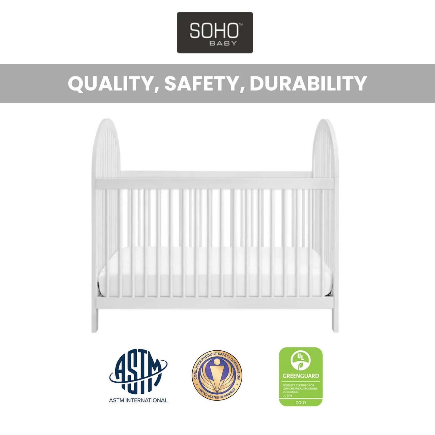 Everlee 3 in 1 Convertible Crib - Quality and Safety Image of Everlee 3 in 1 Convertible Crib Whitewash