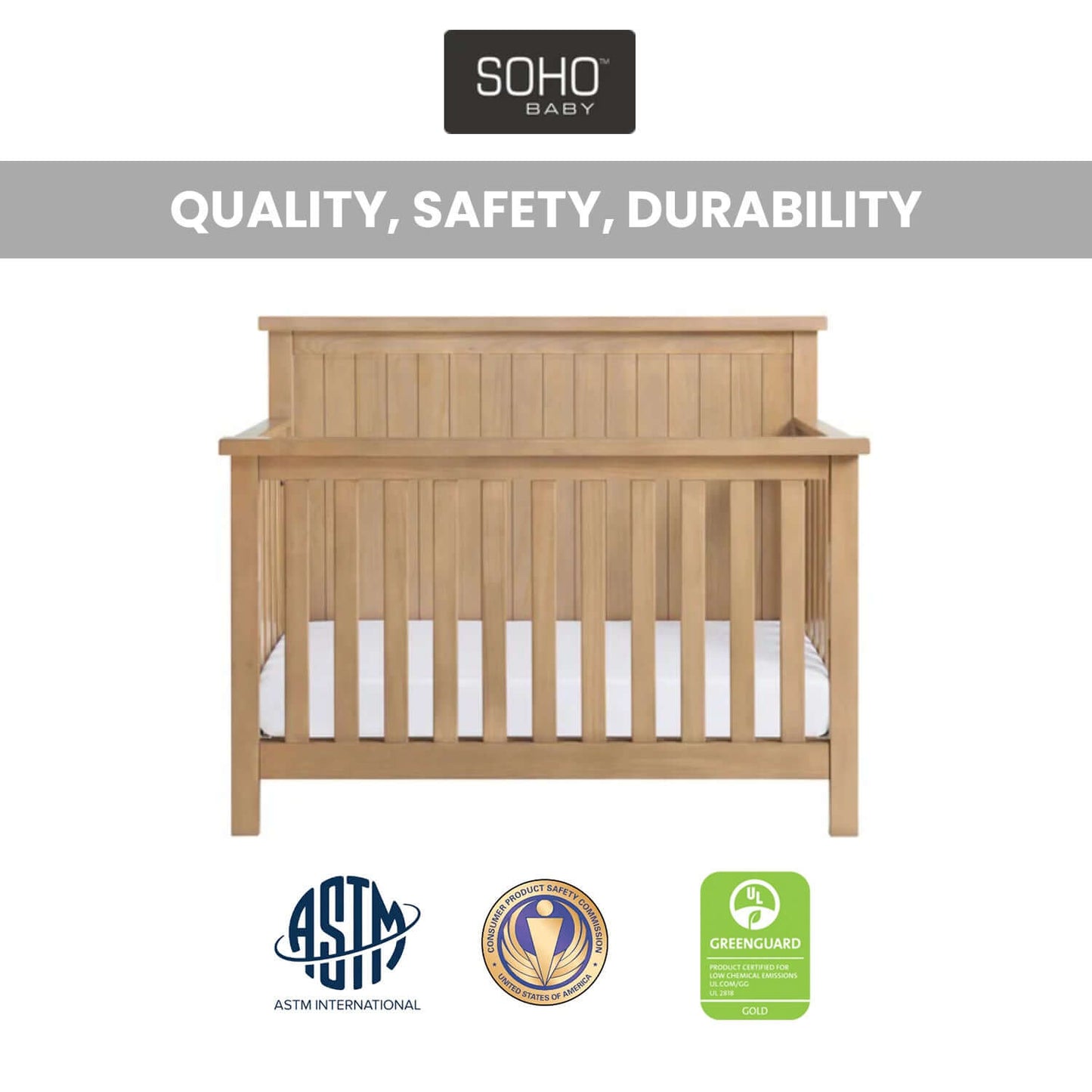 Everlee 4-In-1 Convertible Crib - Quality and Safety Image of Everlee 4-In-1 Convertible Crib Honey Wood