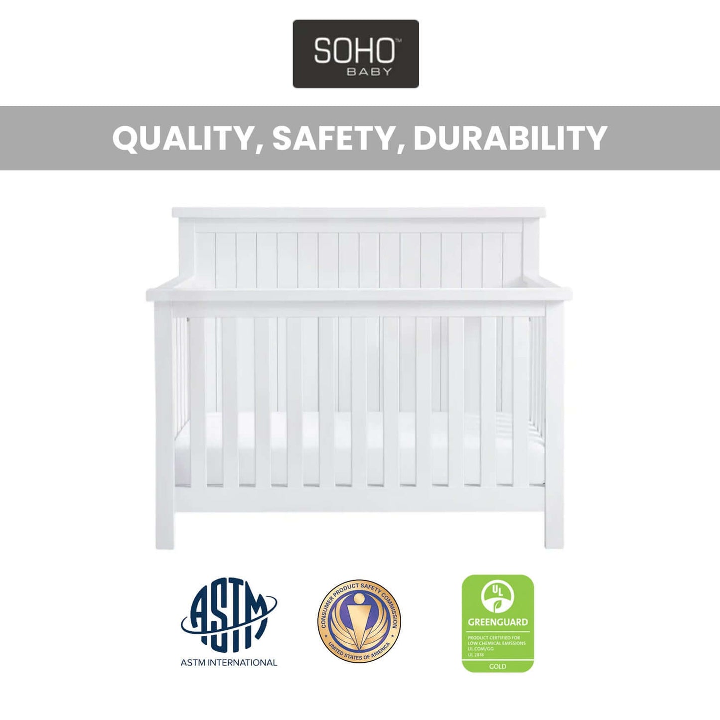 Everlee 4-In-1 Convertible Crib - Quality and Safety Image of Everlee 4-In-1 Convertible Crib Whitewash