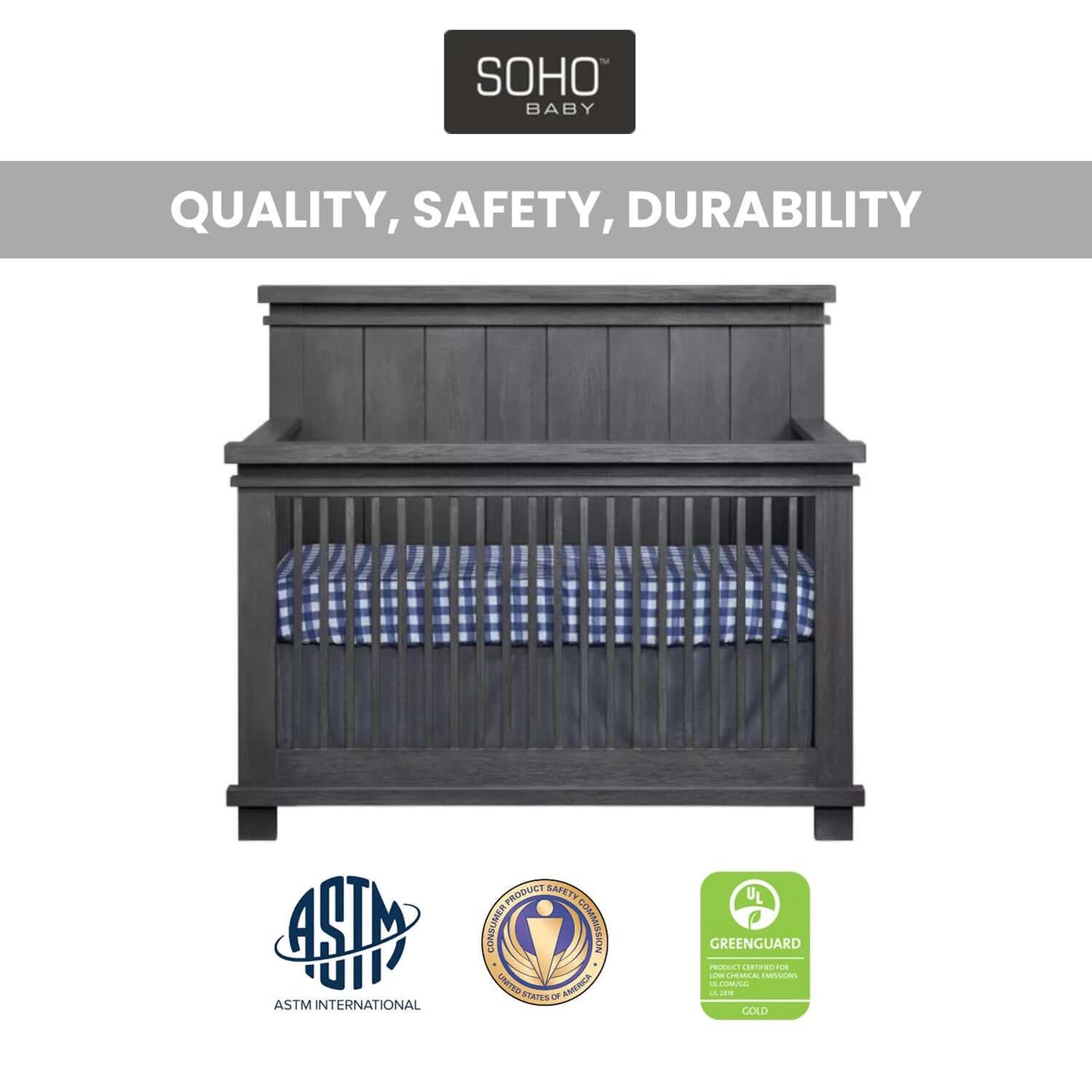Hampton 4 In 1 Convertible Crib - Quality and Safety Image of Hampton 4 In 1 Convertible Crib Canyon Gray