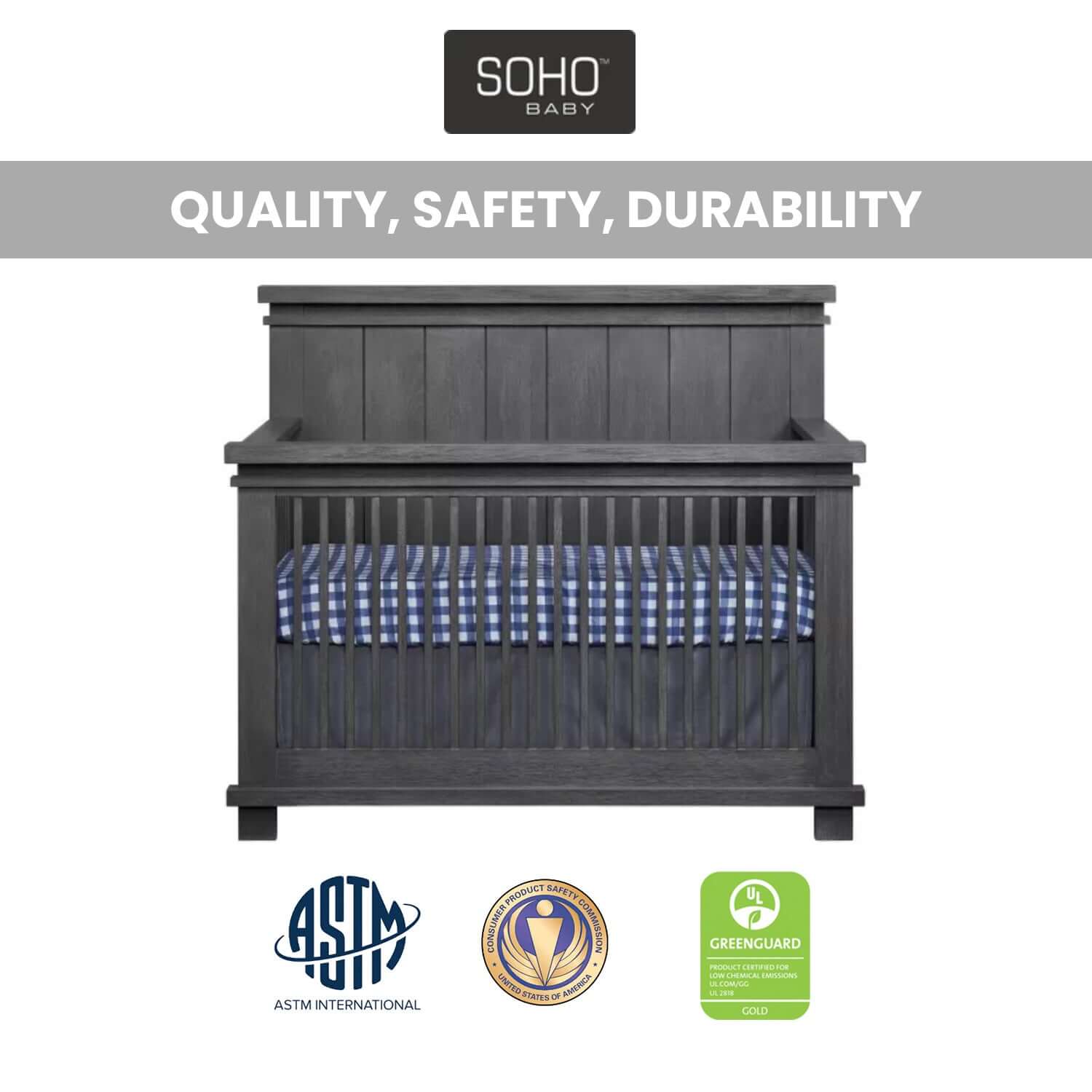 Hampton 4 In 1 Convertible Crib - Quality and Safety Image of Hampton 4 In 1 Convertible Crib Canyon Gray
