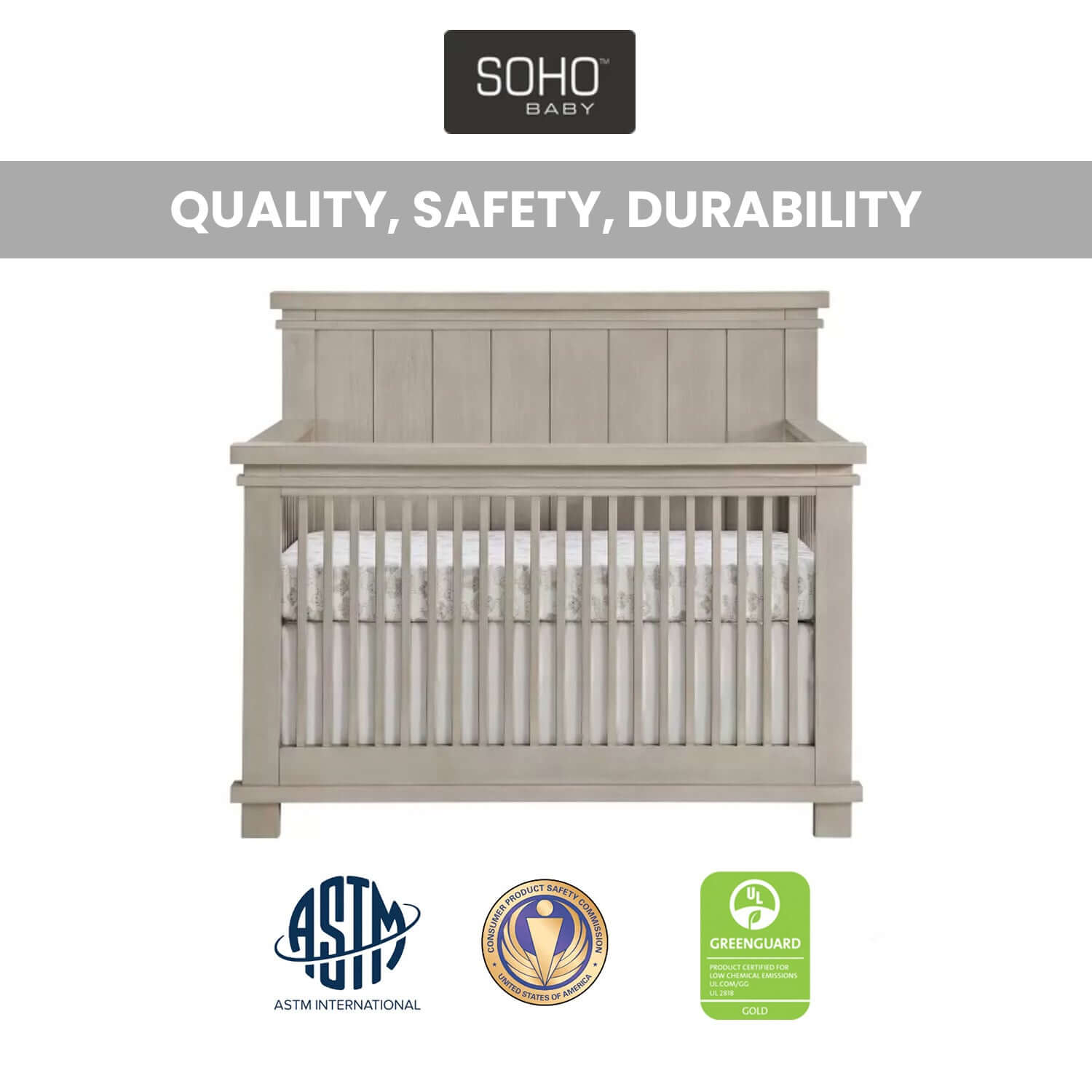 Hampton 4 In 1 Convertible Crib - Quality and Safety Image of Hampton 4 In 1 Convertible Crib Stone Wash