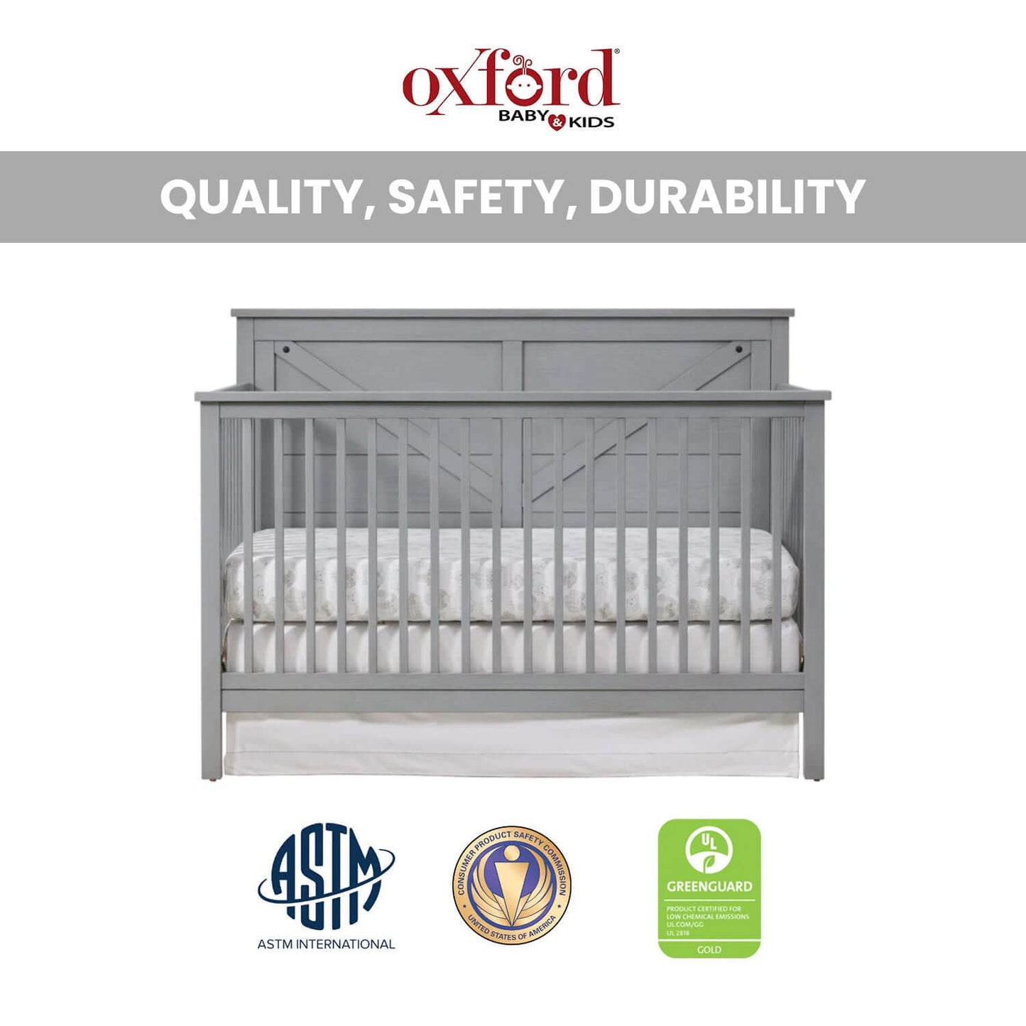 Montauk 4-in-1 Convertible Crib - Quality and Safety Image of Montauk 4-in-1 Convertible Crib Farmhouse Gray