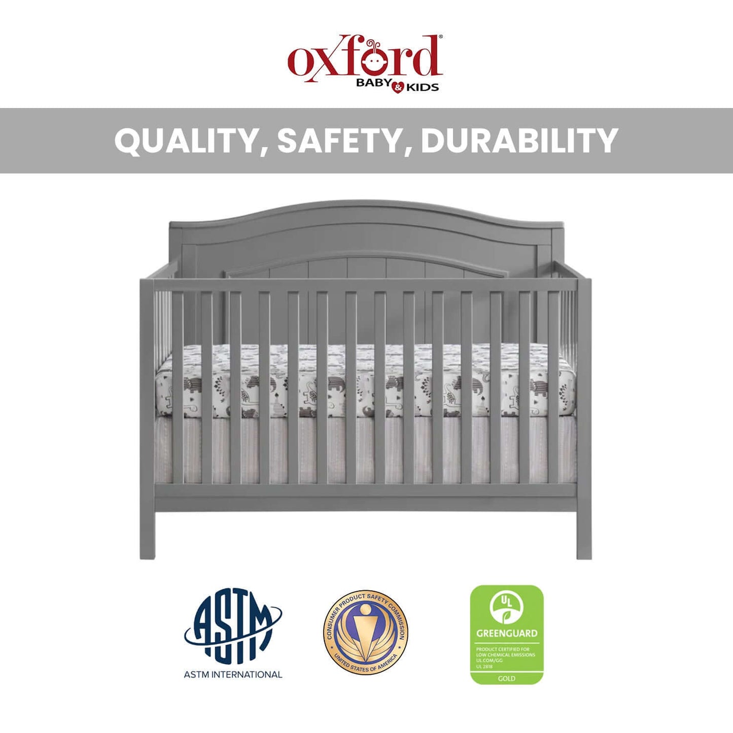 Nolan 4 in 1 Convertible Crib - Quality and Safety Image of Nolan 4 in 1 Convertible Crib Dove Gray
