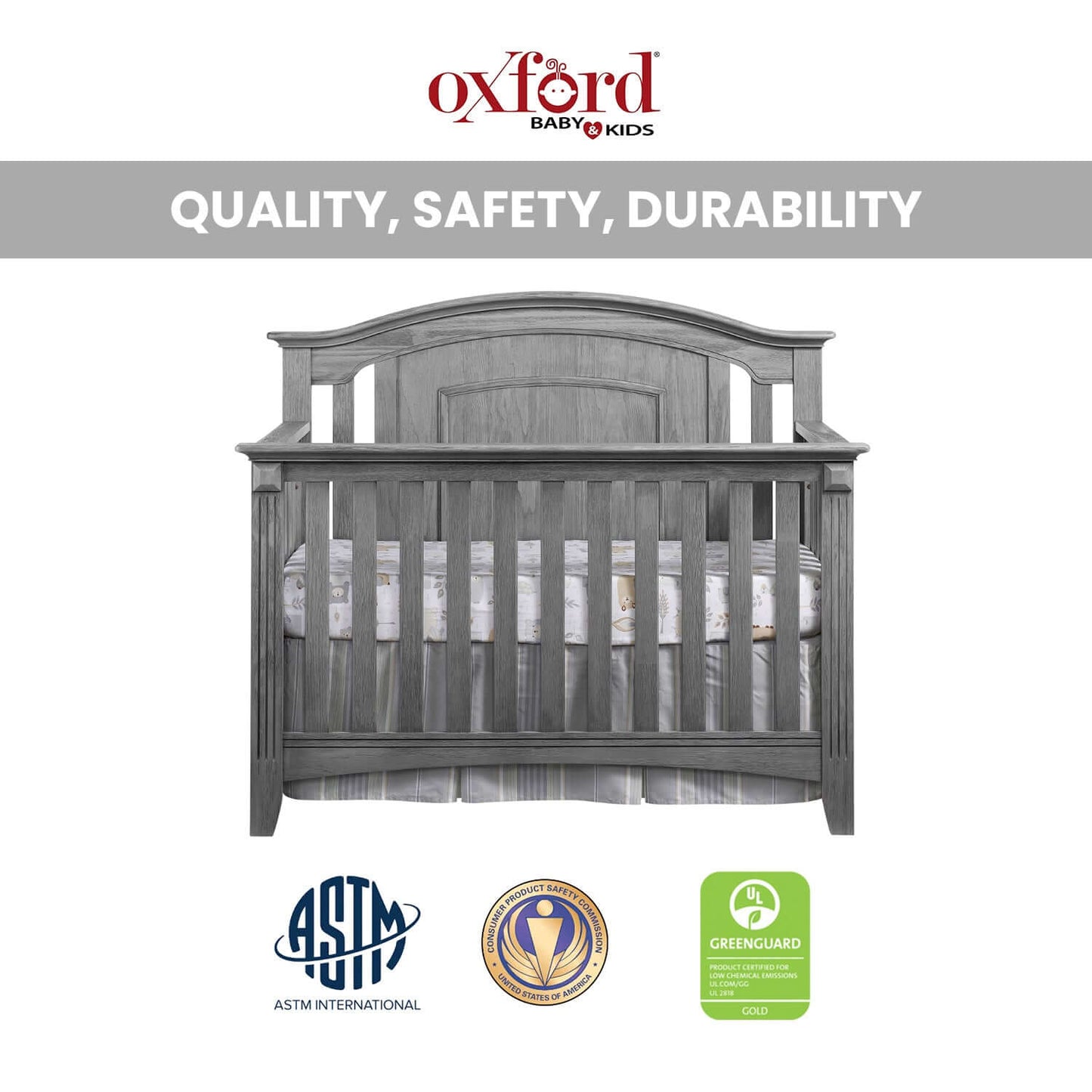 Willowbrook 4-in-1 Convertible Crib - Quality and Safety Image of Willowbrook 4-in-1 Convertible Crib Graphite Gray