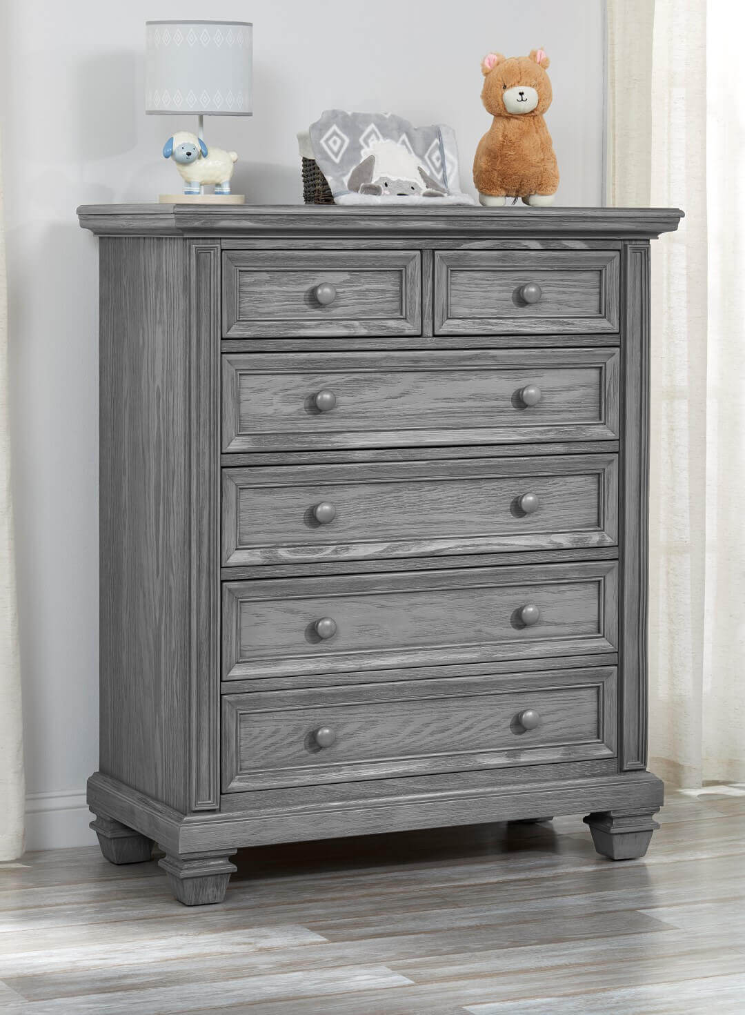 Richmond 6 Drawer Chest - Lifestyle Image Inclined Side View of Richmond 6 Drawer Chest Brushed Gray