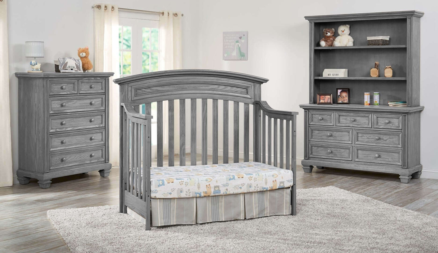 Richmond 7 Drawer Dresser - Lifestyle Image Inclined Side View of Richmond 7 Drawer Dresser Behind Richmond Daybed Brushed Gray