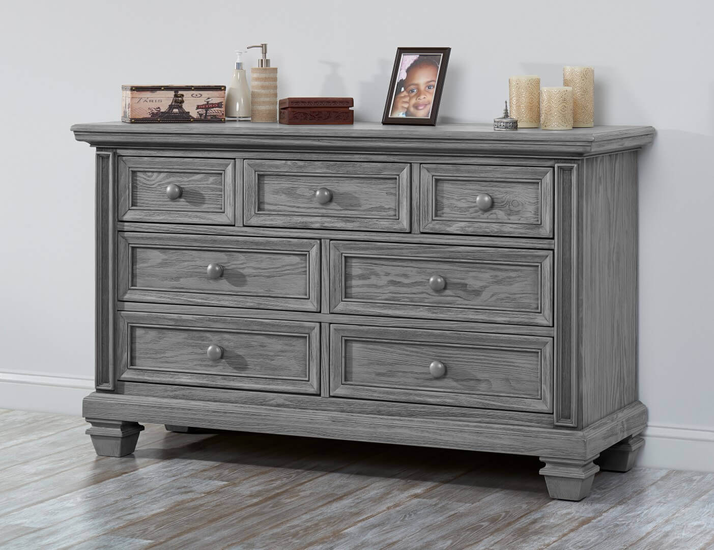 Richmond 7 Drawer Dresser - Lifestyle Image Inclined Side View of Richmond 7 Drawer Dresser Brushed Gray