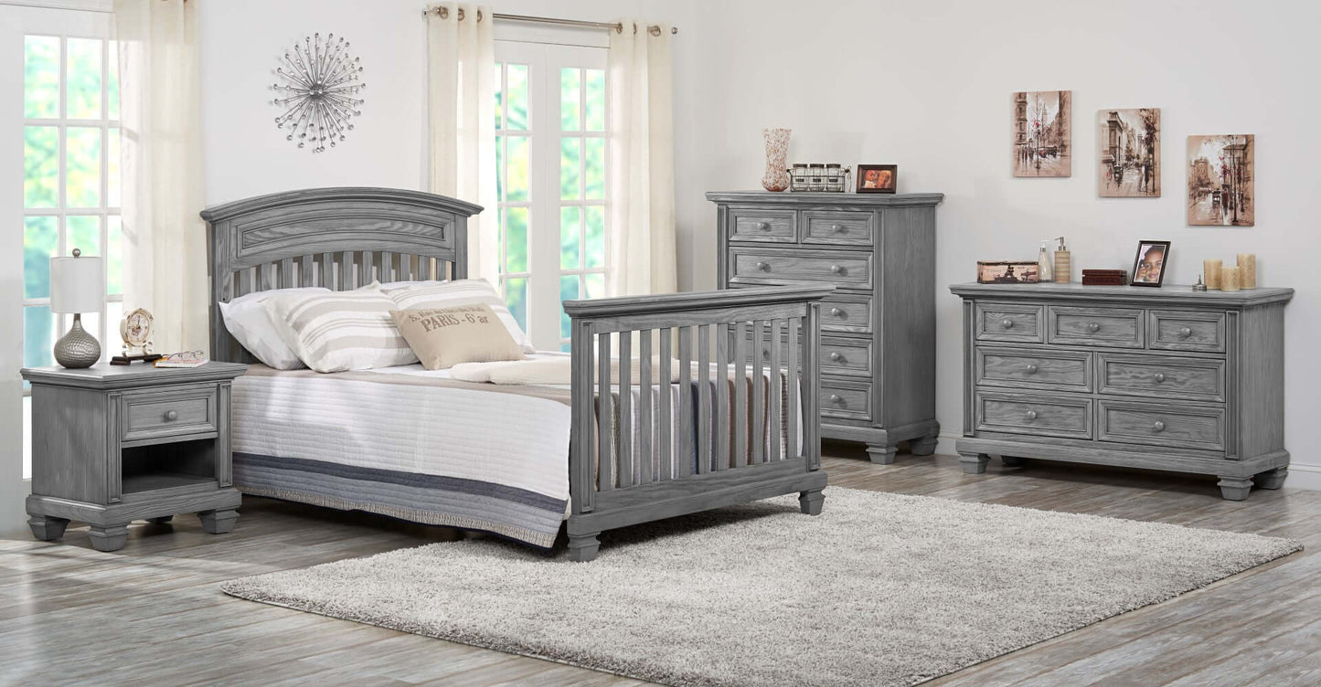 Richmond Nightstand - Lifestyle Image Inclined Side View of Richmond Nightstand Brushed Gray Beside Full Sized Bed