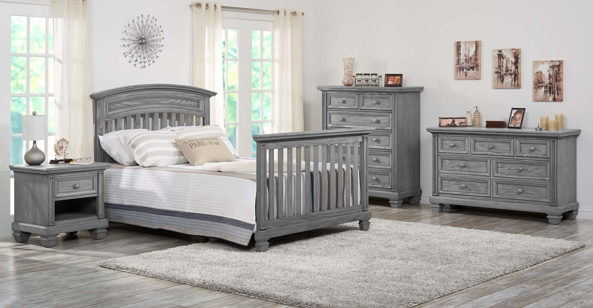 Richmond Nightstand - Lifestyle Image Inclined Side View of Richmond Nightstand Brushed Gray Beside Full Sized Bed