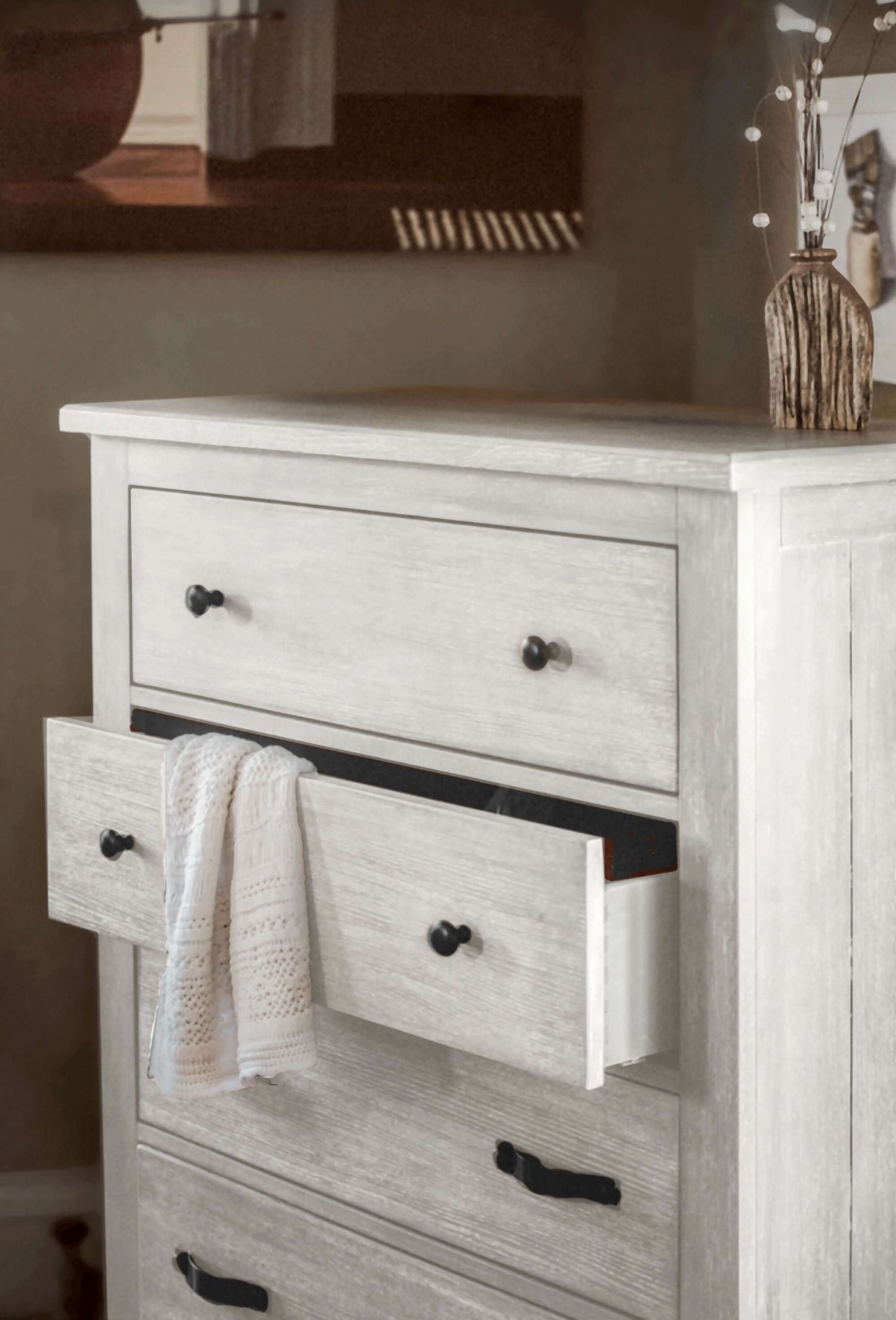 Relic 5 Drawer Chest - Lifestyle Image Side View of 5 Drawer Chest with 1 Drawer Open Cloud