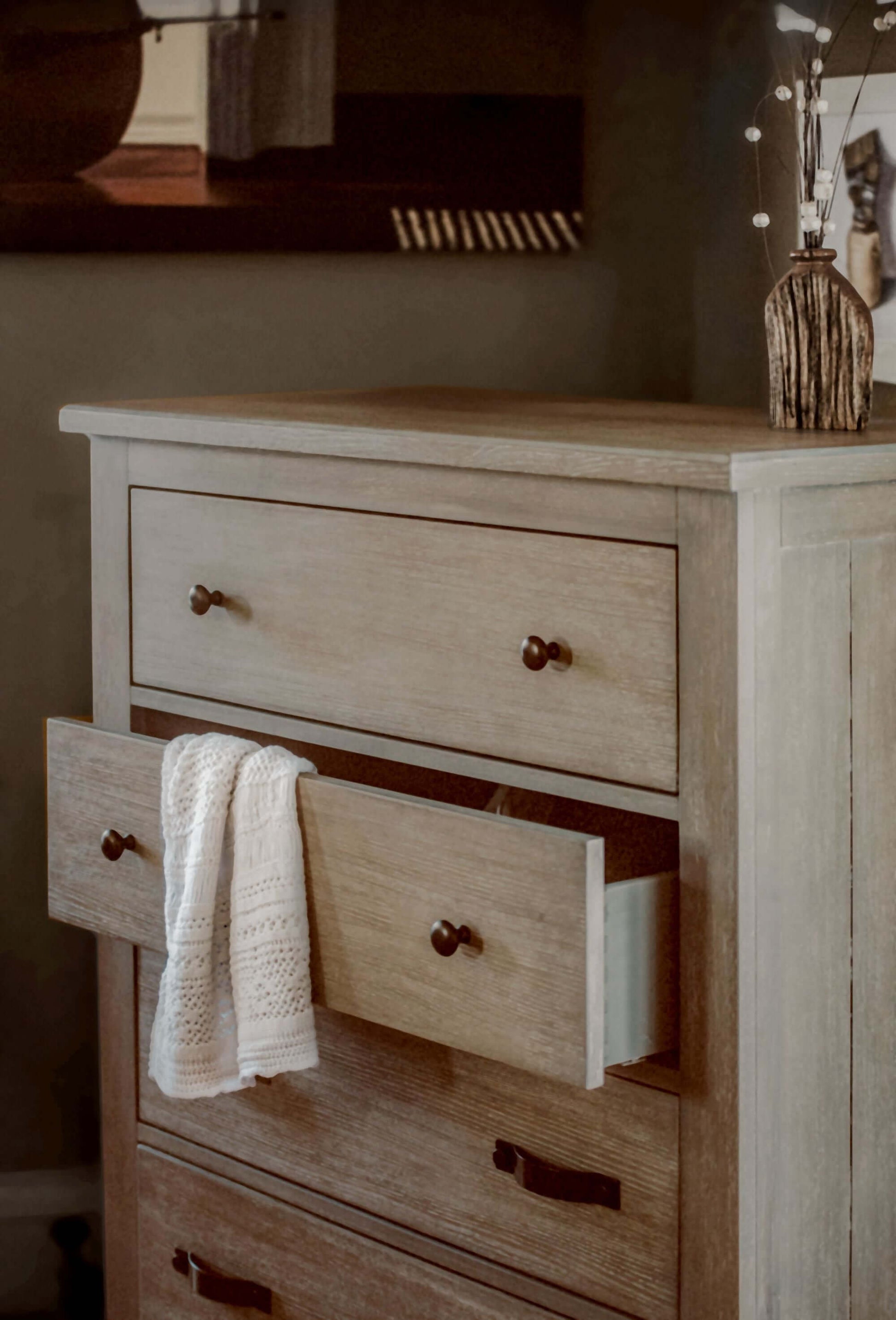 Relic 5 Drawer Chest - Lifestyle Image of 5 Drawer Chest with 1 Drawer Open Fossil
