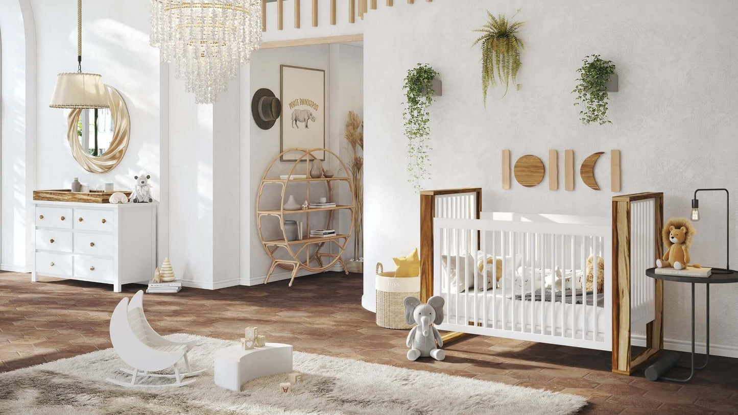 True Traditional 3 in 1 Crib - Lifestyle Image of Traditional 3 in 1 Crib Acacia With Snow