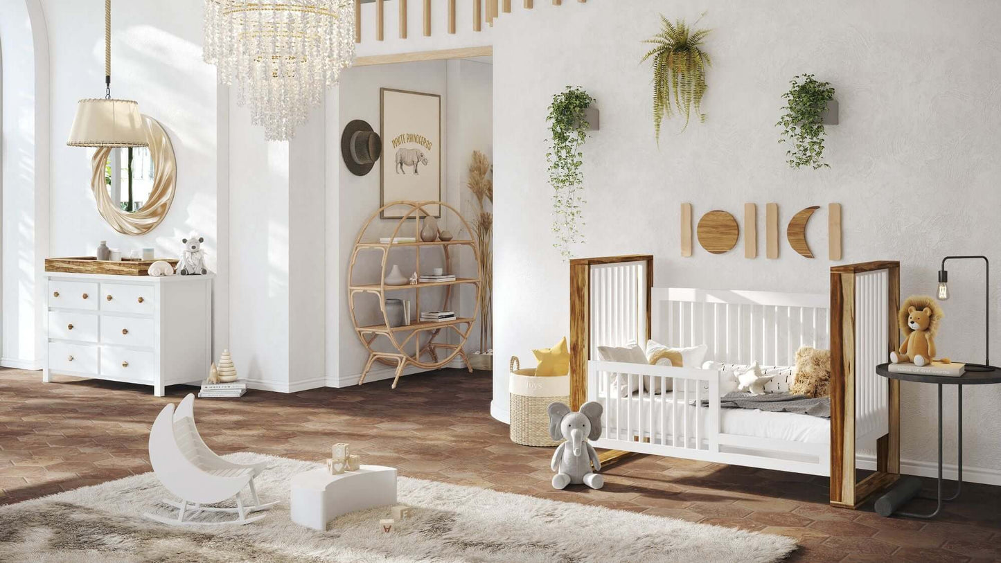 True Traditional 3 in 1 Crib -  Lifestyle Image of Traditional 3 in 1 Crib Acacia With Snow with Guard Rail