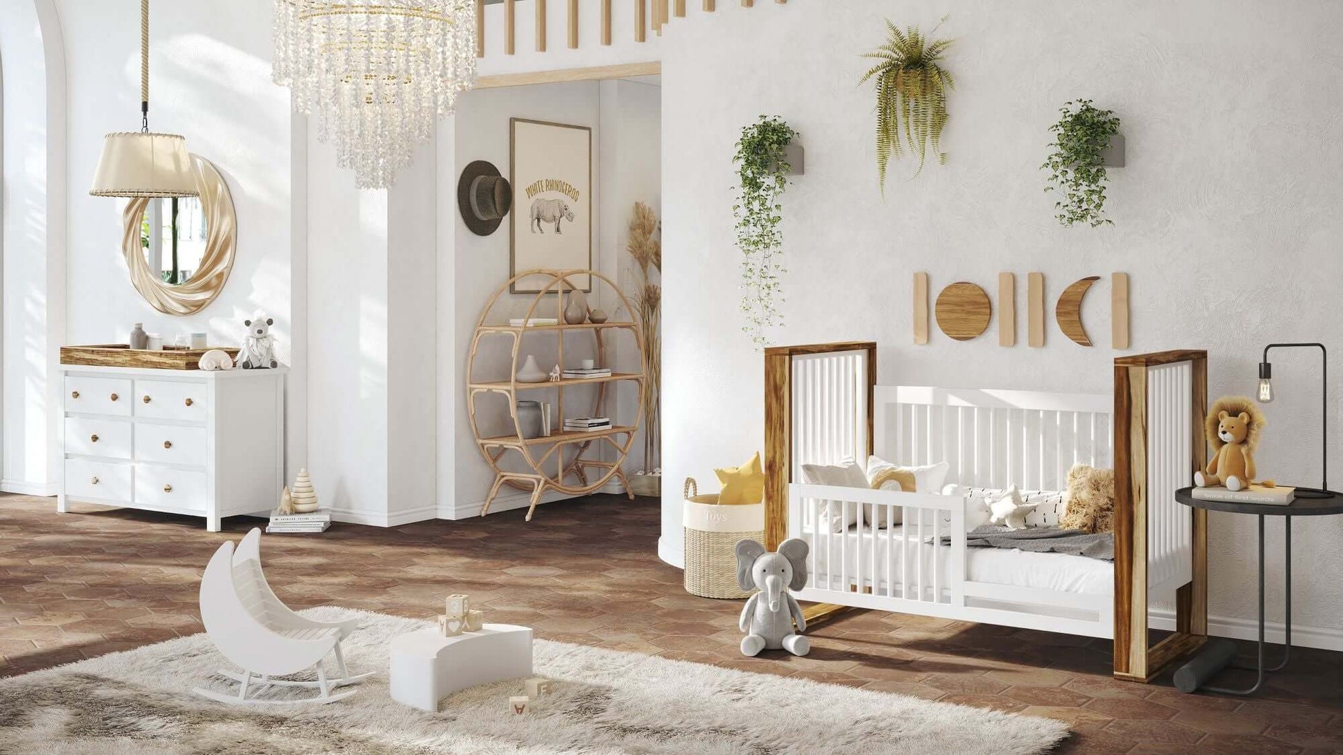 True Traditional 3 in 1 Crib -  Lifestyle Image of Traditional 3 in 1 Crib Acacia With Snow with Guard Rail