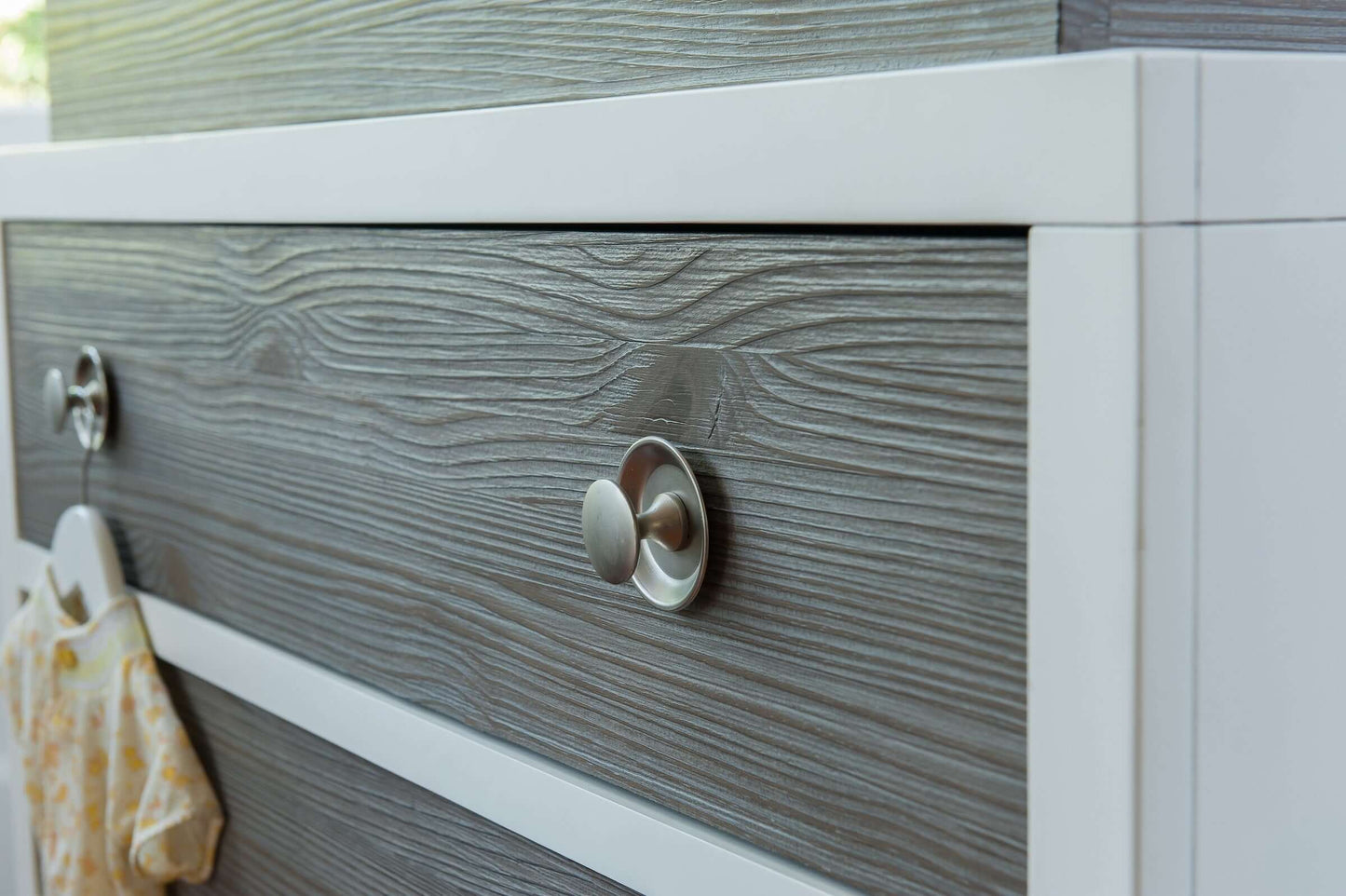 True 3 Drawer Dresser - Zoomed View Lifestyle Image of 5 Drawer Dresser Mud with Snow
