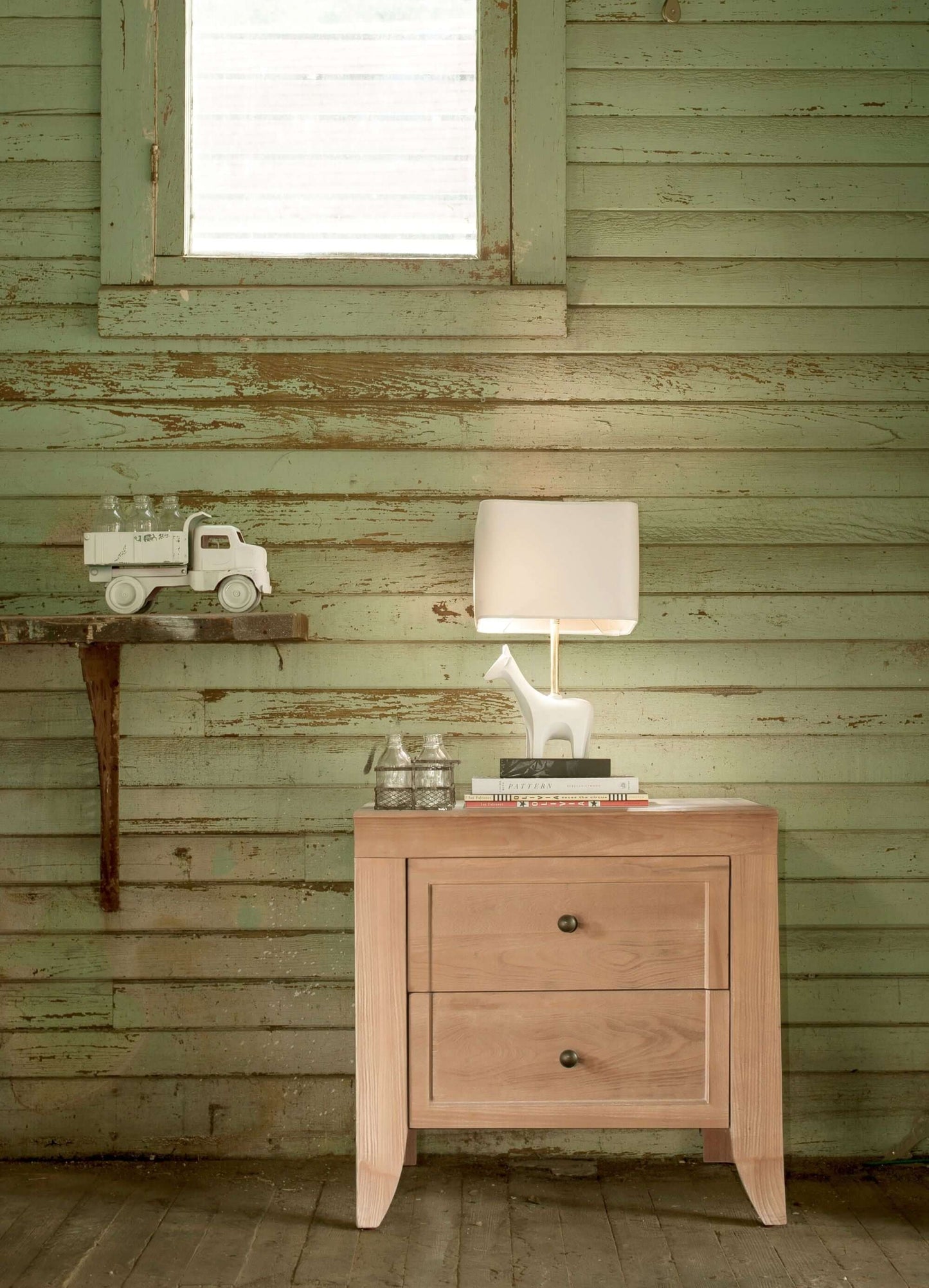 Cameo 2 Drawer Nightstand - Lifestyle Image Front View Cameo 2 Drawer Nightstand Toast with lamp on Top