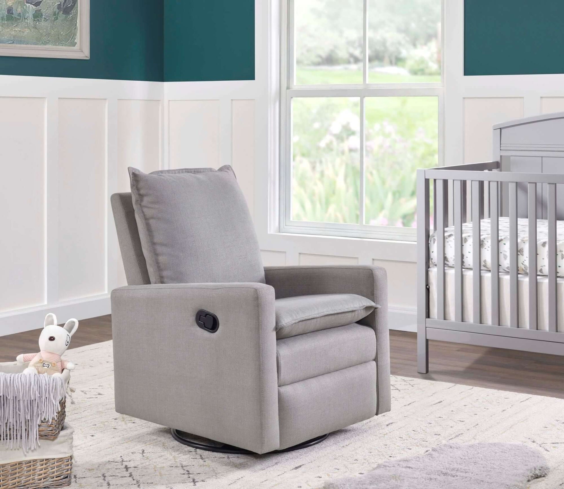 Uptown Nursery Swivel Rocker and Recliner - Lifestyle Image Inclined Side View of Uptown Nursery Swivel Rocker and Recliner Gray