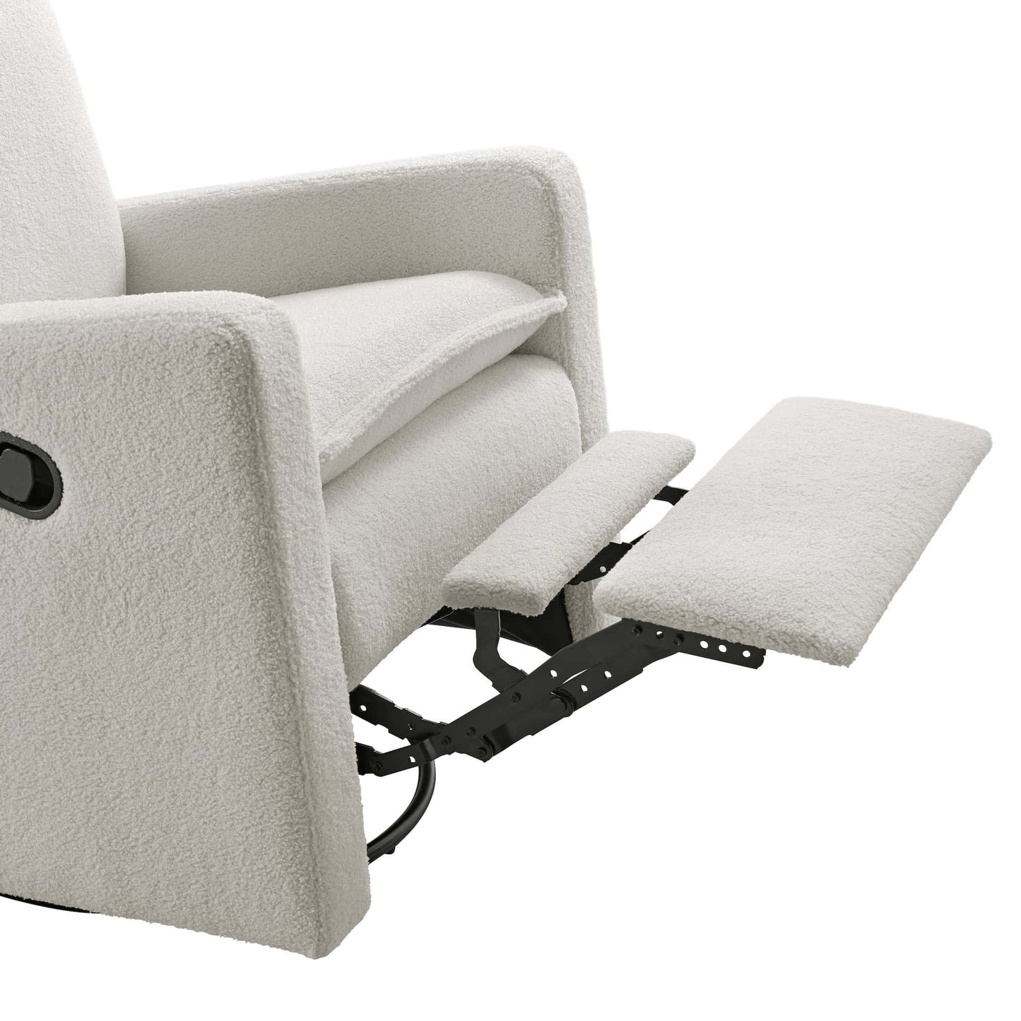 Uptown Nursery Swivel Rocker and Recliner - Zoomed Side View of Plush rocker of Plush rocker Bounce White