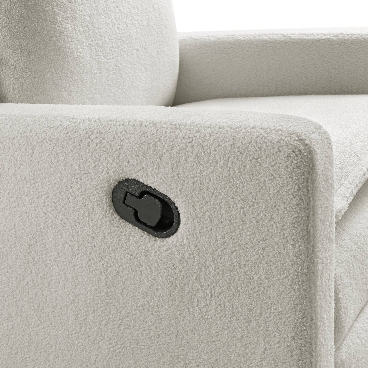 Uptown Nursery Swivel Rocker and Recliner - Zoomed View of Manual Recliner Button of Uptown Nursery Swivel Rocker and Recliner Bounce White