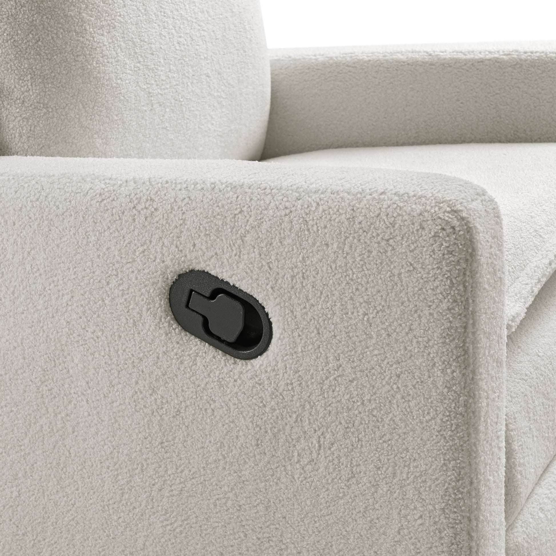 Uptown Nursery Swivel Rocker and Recliner - Zoomed View of Manual Recliner Button of Uptown Nursery Swivel Rocker and Recliner Bounce White
