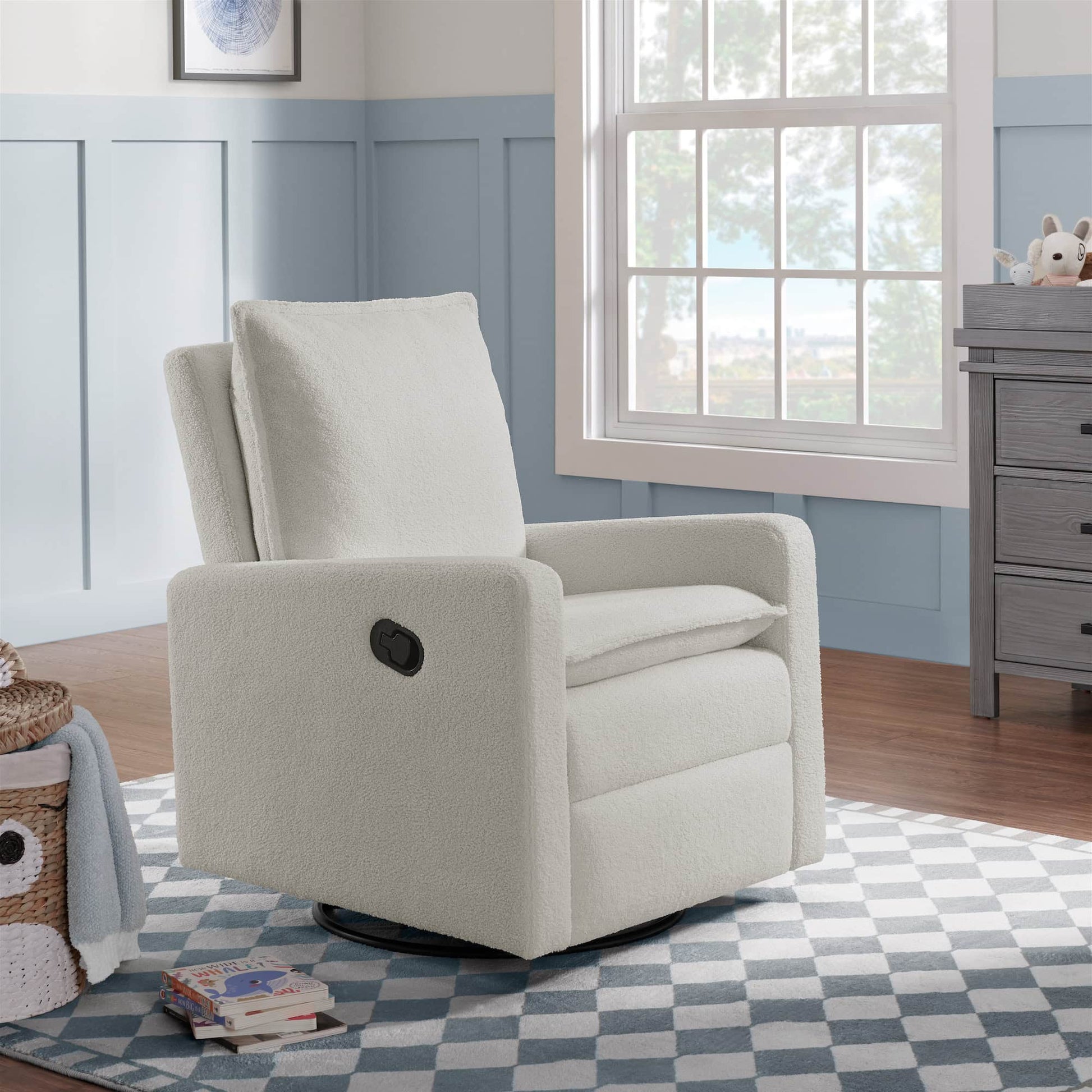Uptown Nursery Swivel Rocker and Recliner - Lifestyle Image Inclined Side View of Uptown Nursery Swivel Rocker and Recliner Bounce White with Plush rocker