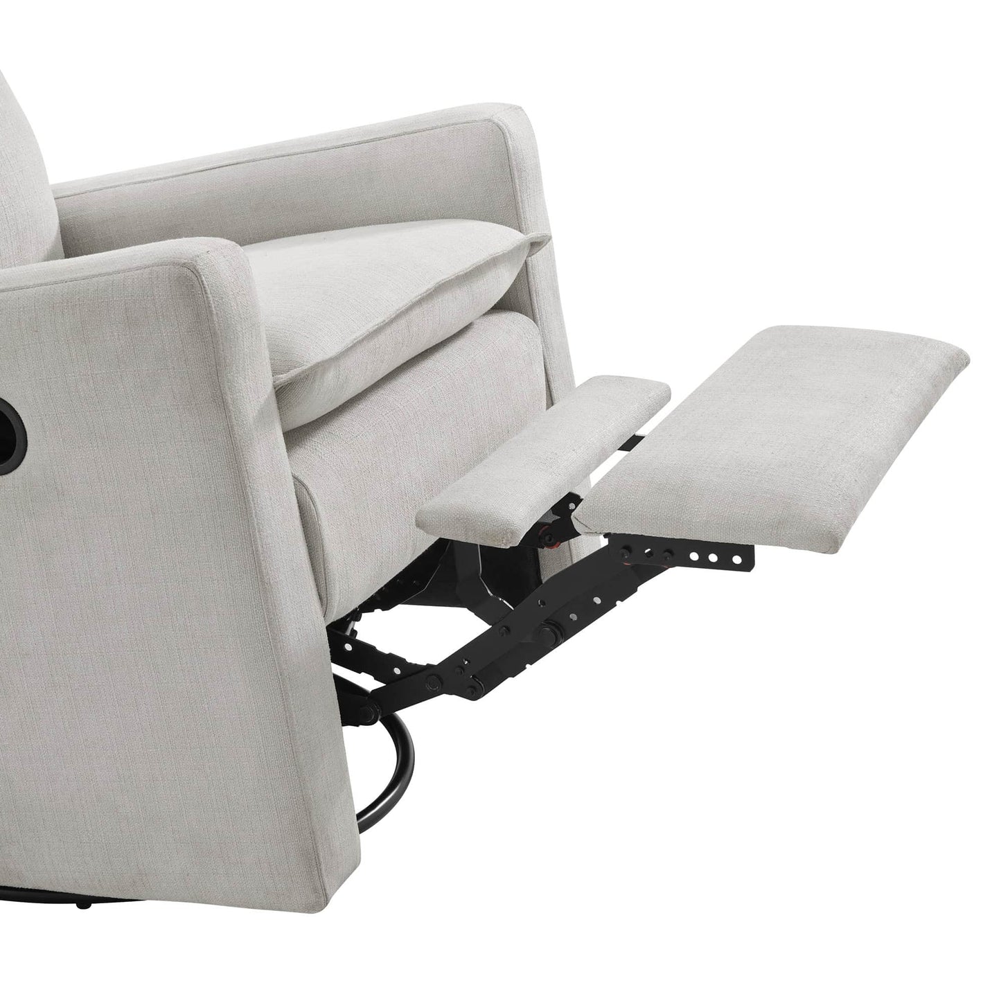 Uptown Nursery Swivel Rocker and Recliner - Zoomed Side View of Plush rocker of Plush rocker Sand