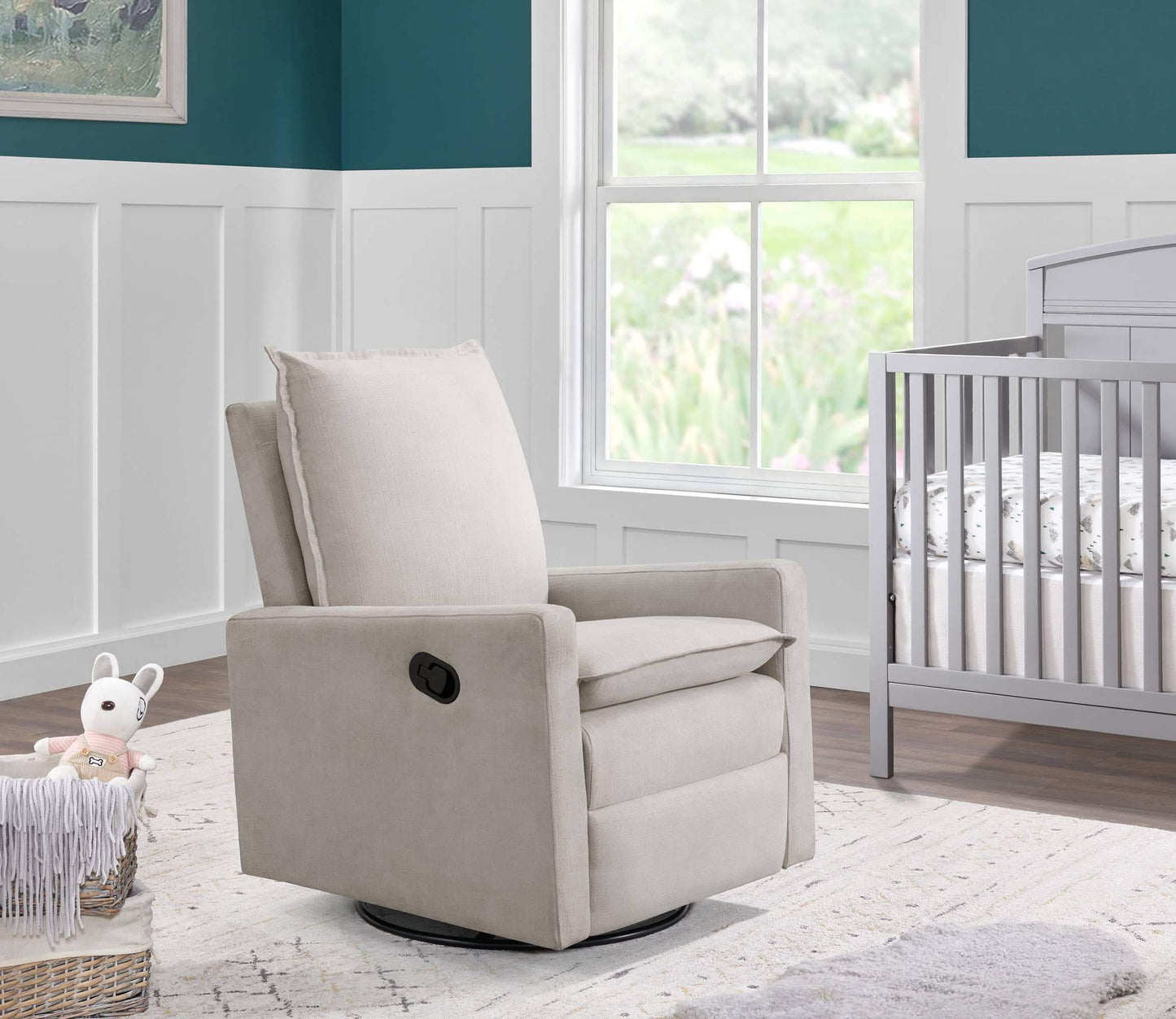 Uptown Nursery Swivel Rocker and Recliner - Lifestyle Image Inclined Side View of Uptown Nursery Swivel Rocker and Recliner Sand