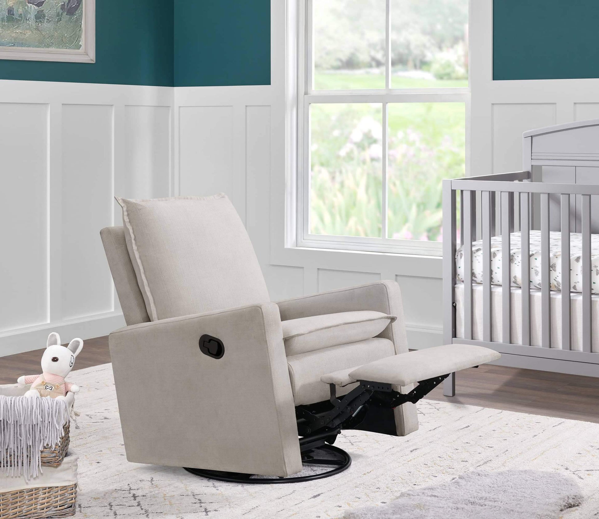 Uptown Nursery Swivel Rocker and Recliner - Lifestyle Image Inclined Side View of Uptown Nursery Swivel Rocker and Recliner Sand with Plush rocker