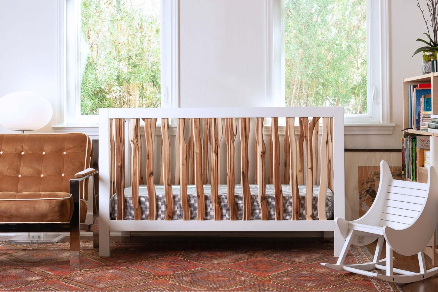Branch 4 in 1 Convertible Crib - Lifestyle Image of 4 in 1 Convertible Crib Acacia with Cresent Moon Rocket