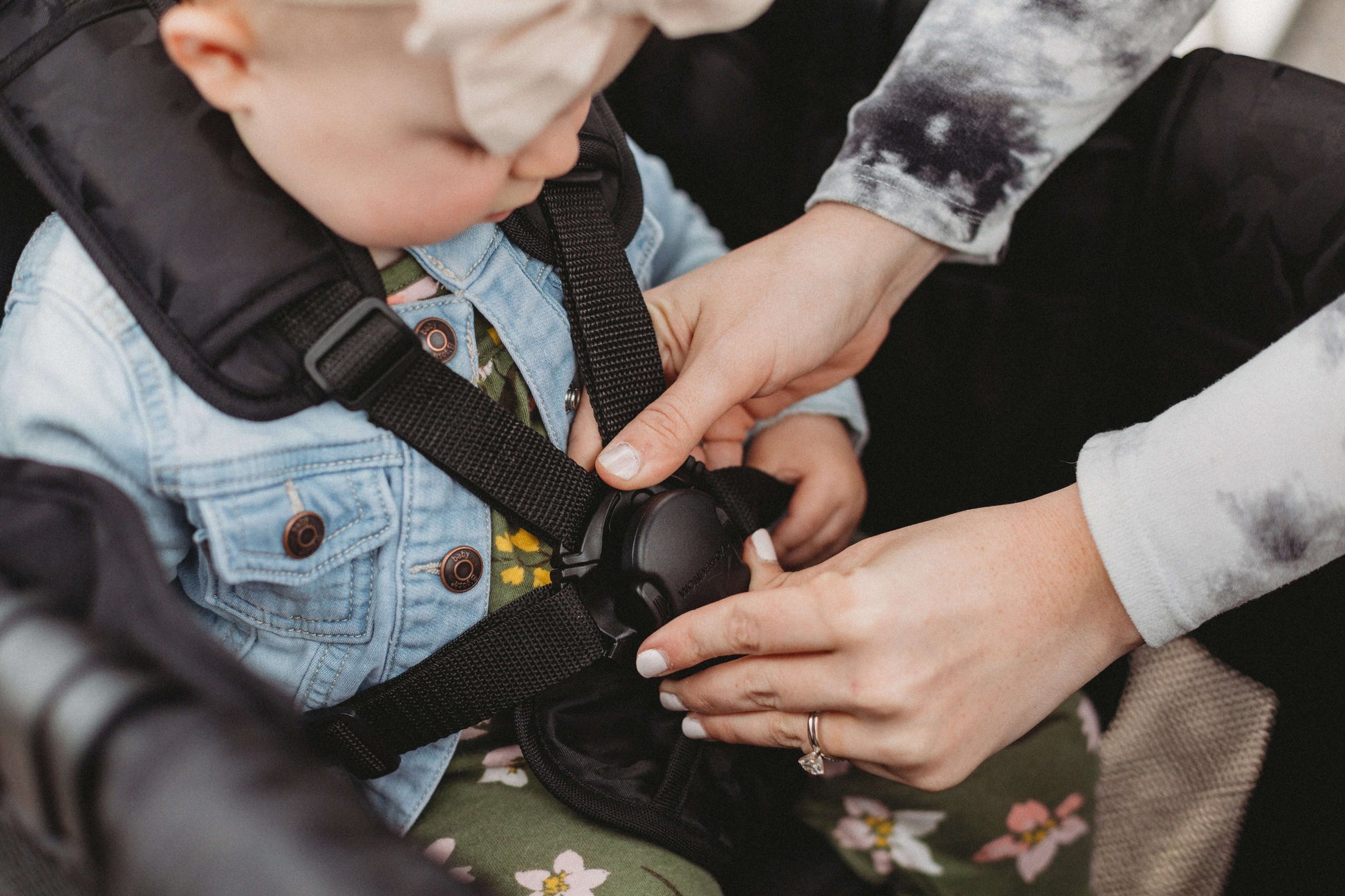 W2 Luxe Double Stroller Wagon - Zoomed Lifestyle Image of Baby Harness Black-1
