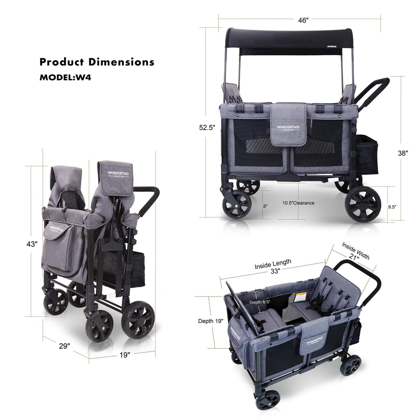 W4 Original Quad Stroller Wagon - Product Dimensions Image